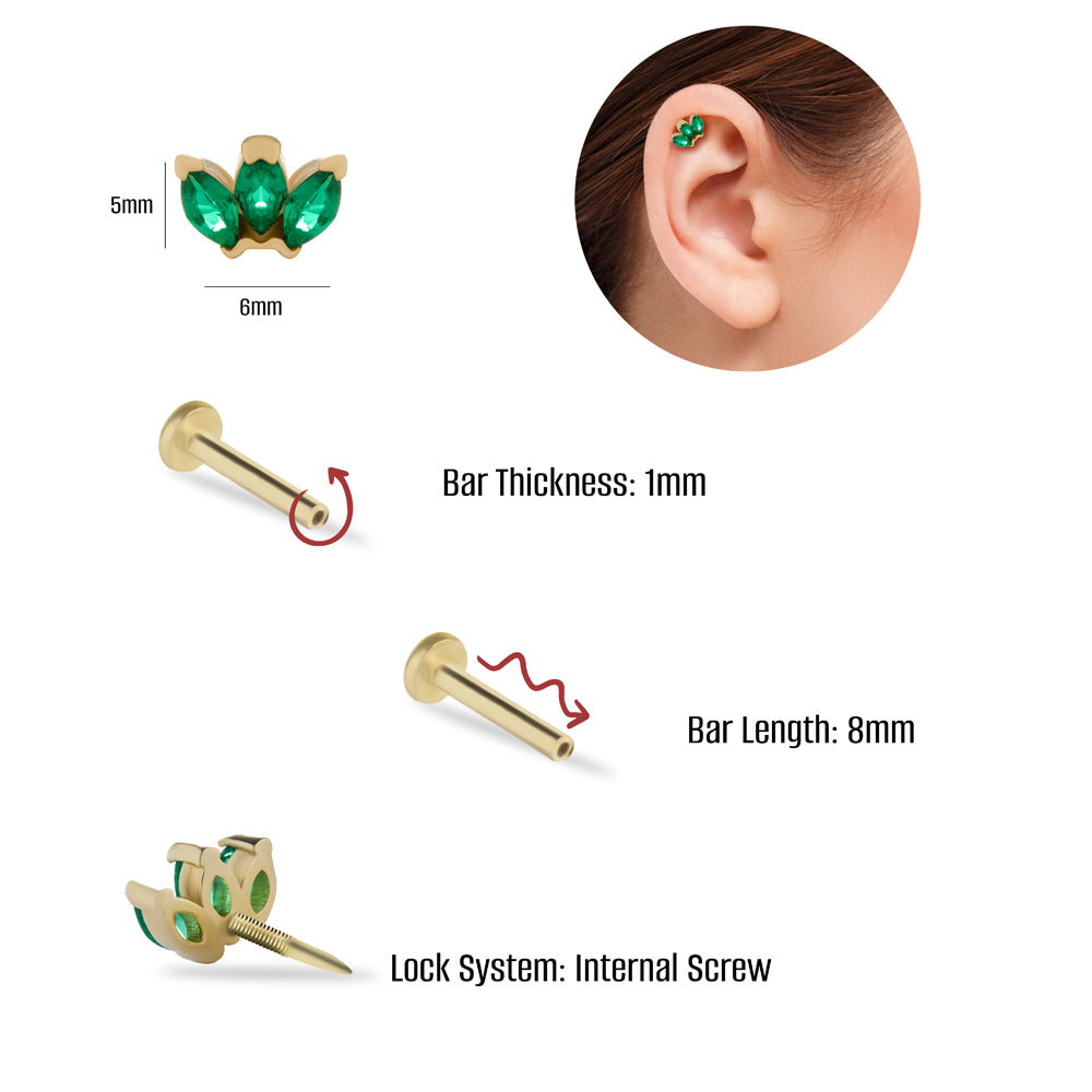 Lotus flower stud piercing earring with green zircons - 14K Solid Yellow Gold