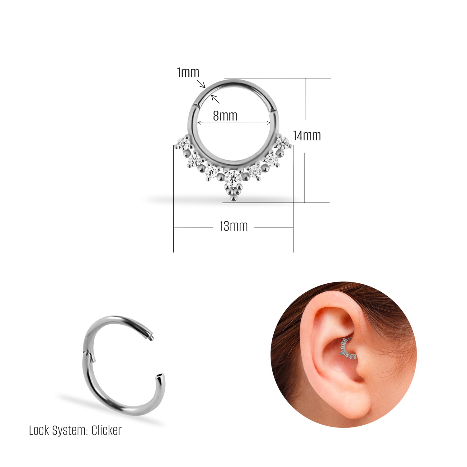 8mm Hoop piercing earring with clear zircons - 14K Solid White Gold