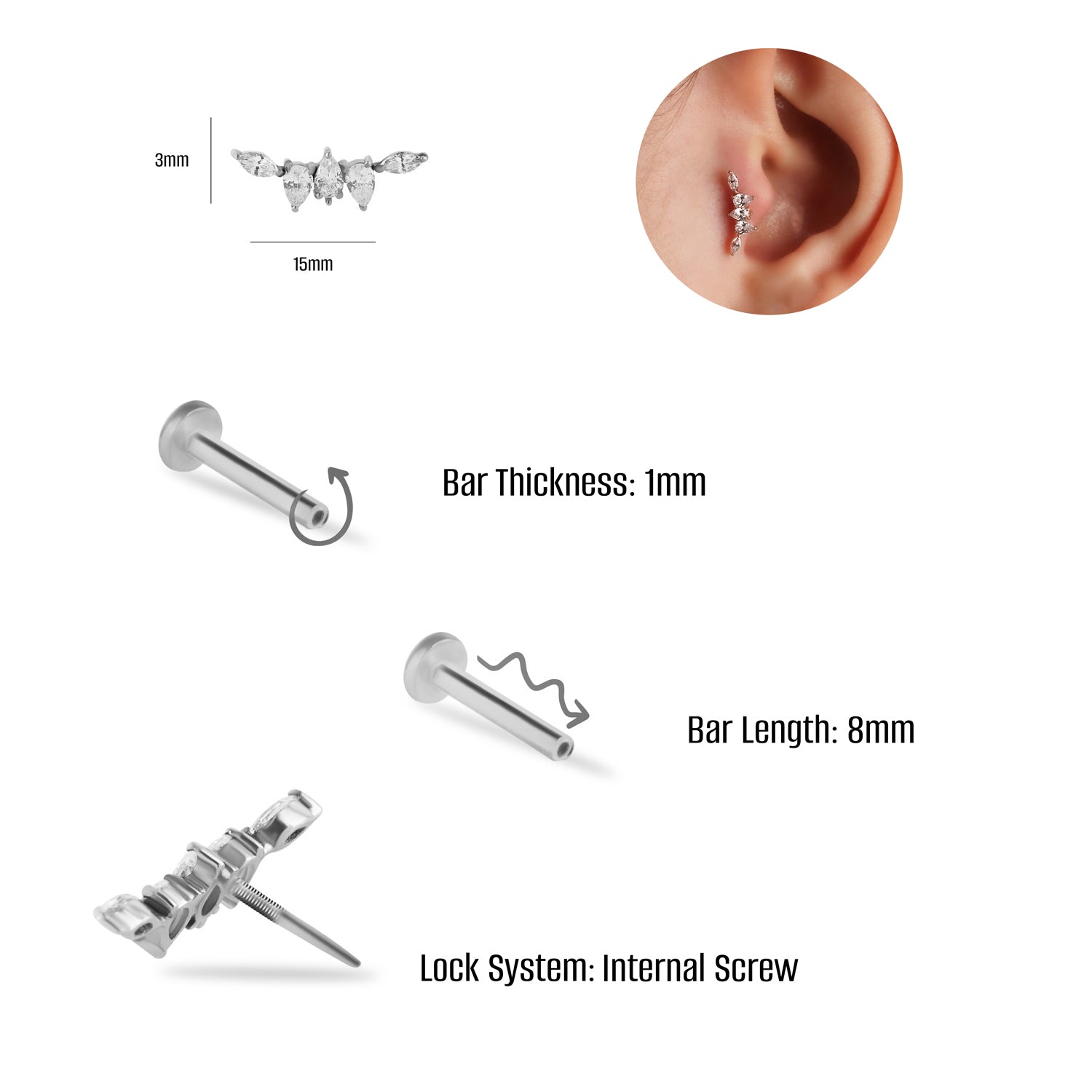 Climber stud piercing earring with clear zircons - 14K Solid White Gold