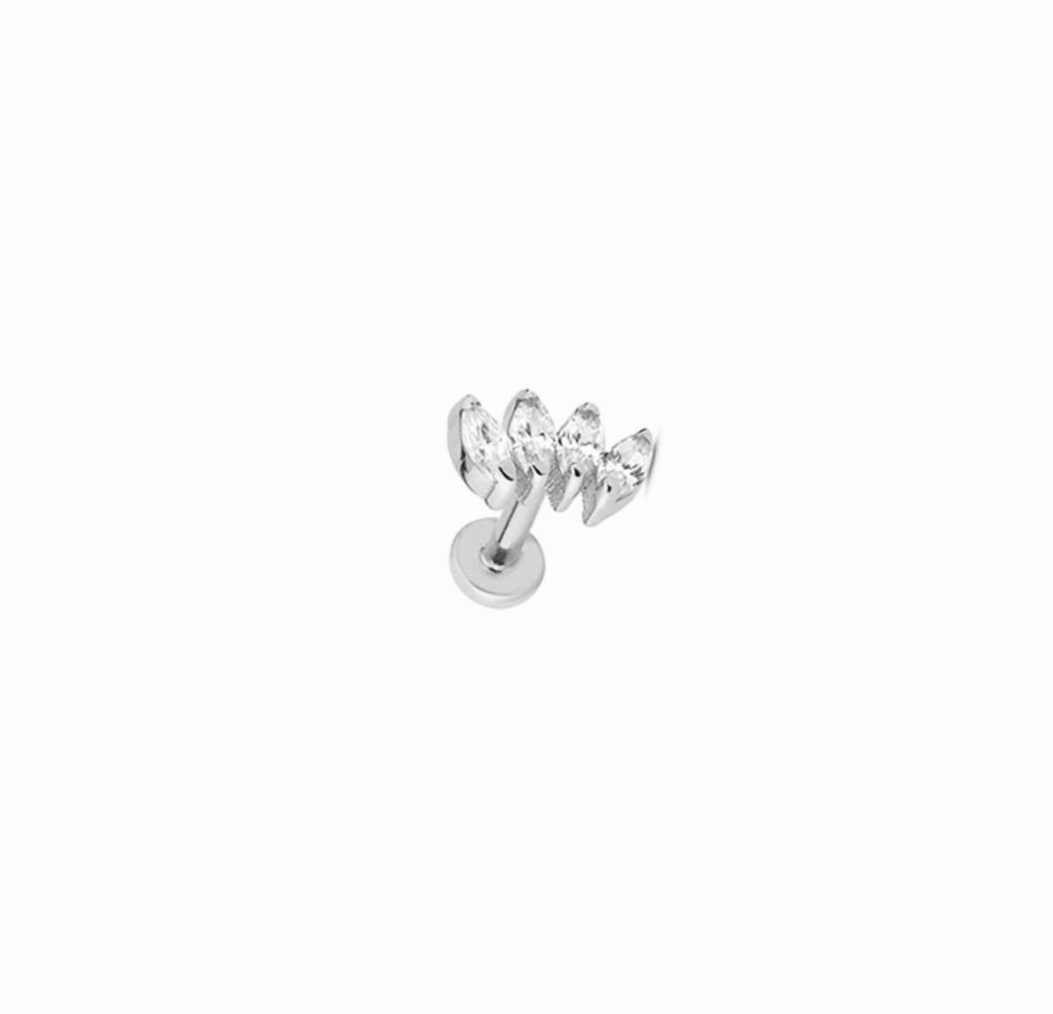Lotus stud piercing earring with clear zircons - 14K Solid White Gold