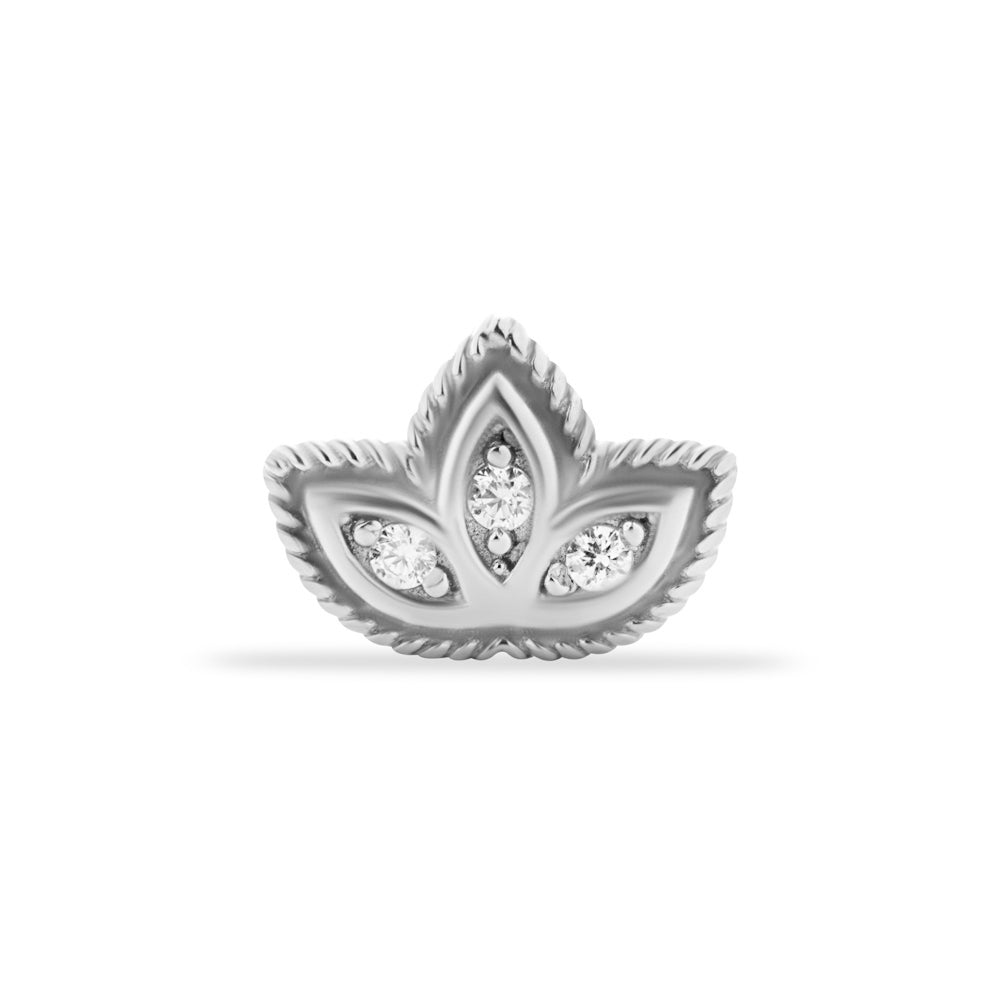 Lotus stud piercing earring with clear zircons - 14K Solid White Gold