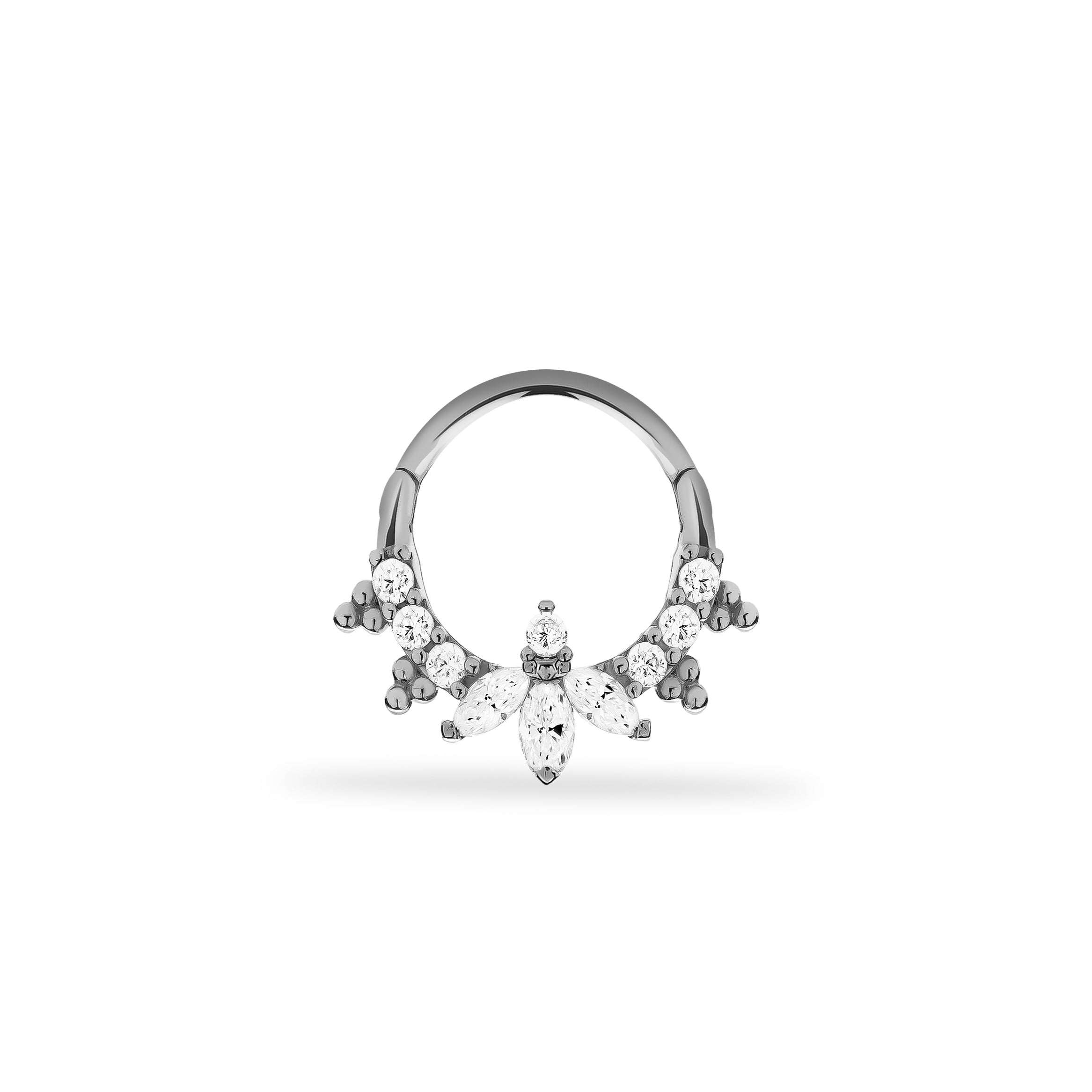8mm Lotus hoop piercing earring with clear zircons - 14K Solid White Gold