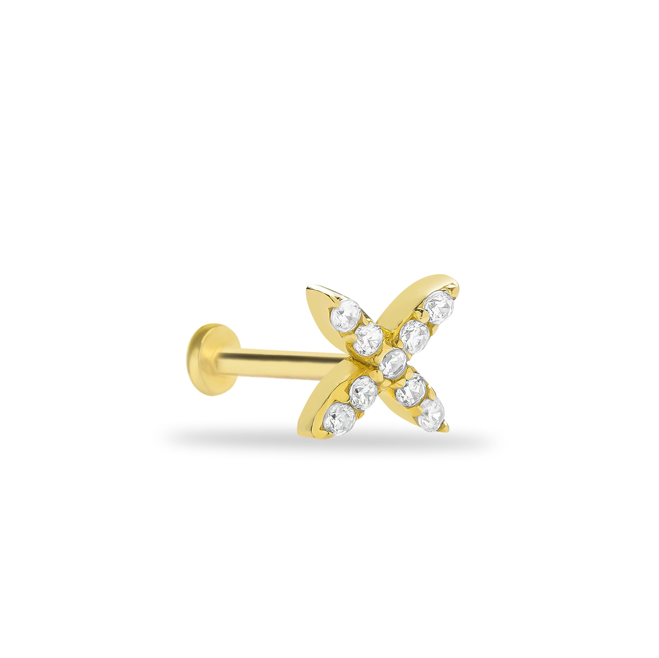 X stud piercing earring with clear zircons - 14K Solid Yellow Gold