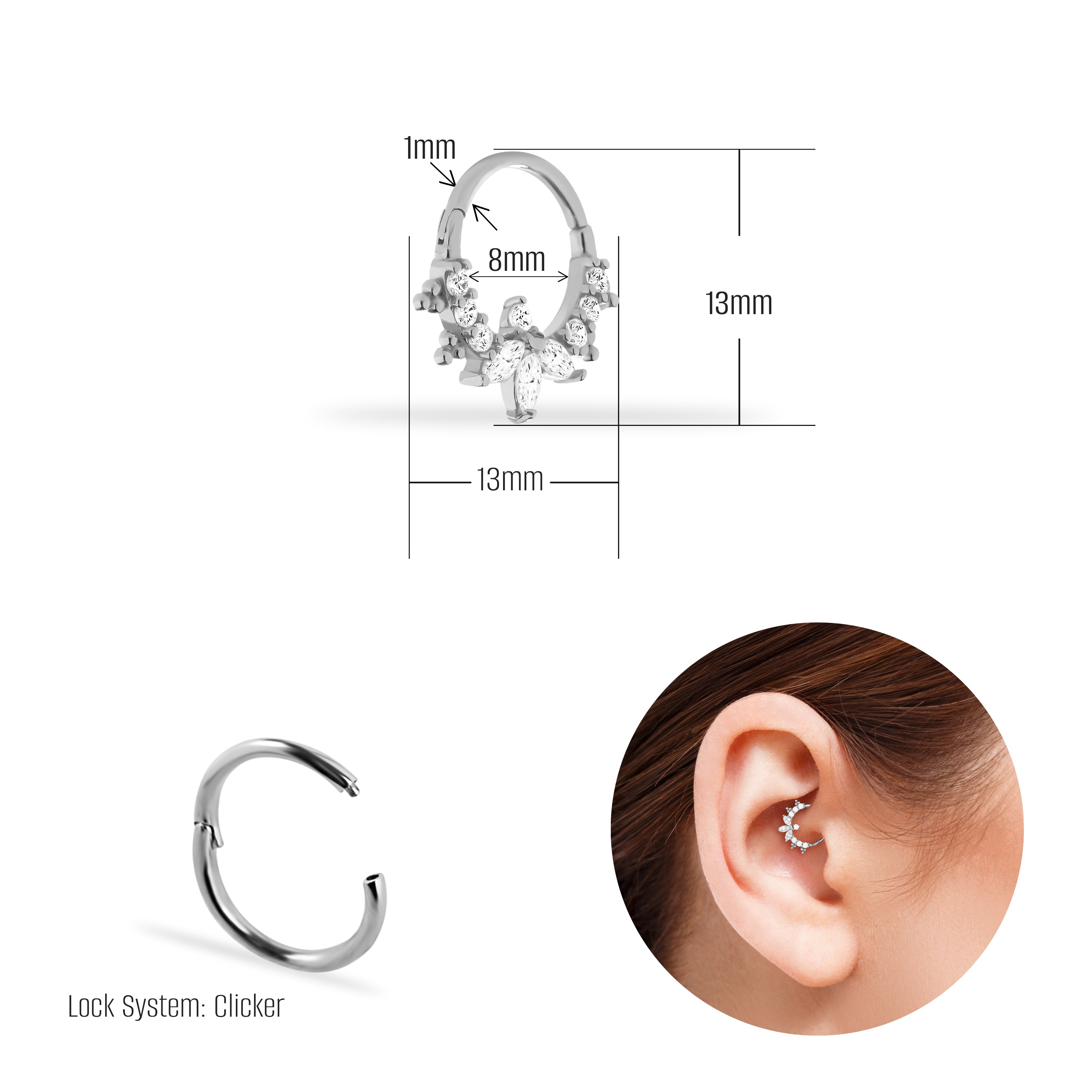 8mm Lotus hoop piercing earring with clear zircons - 14K Solid White Gold