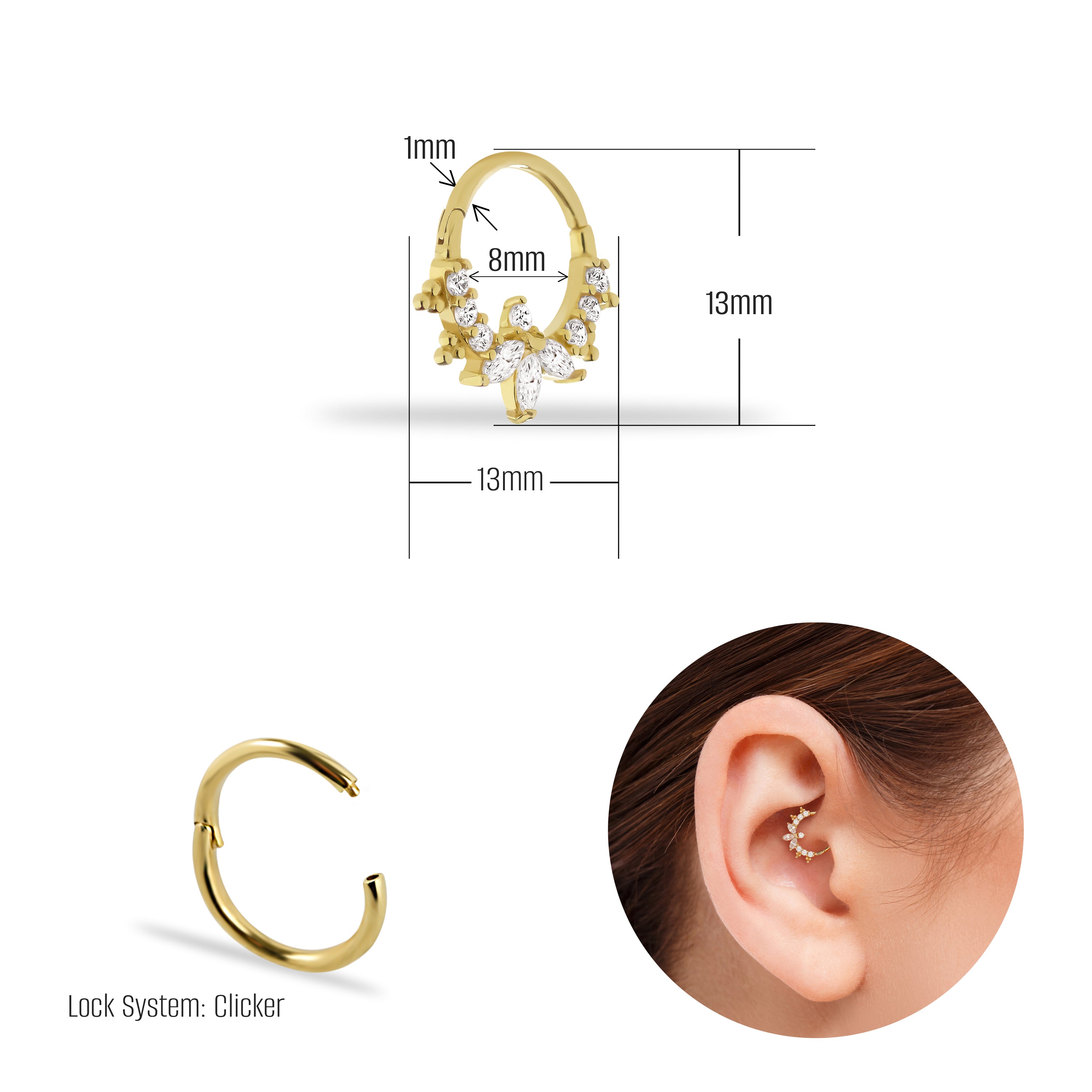 8mm Lotus hoop piercing earring with clear zircons - 14K Solid Yellow Gold