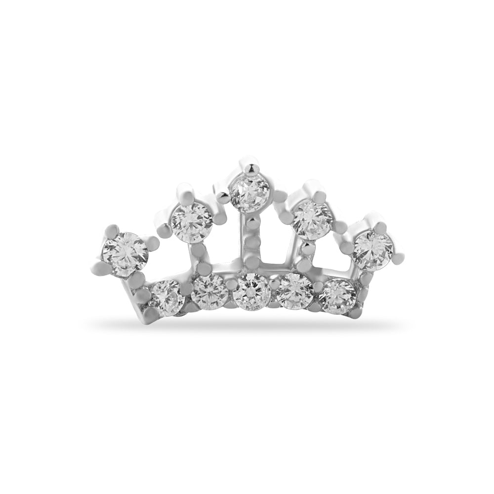 Crown stud piercing earring with clear zircons  - 14K Solid White Gold