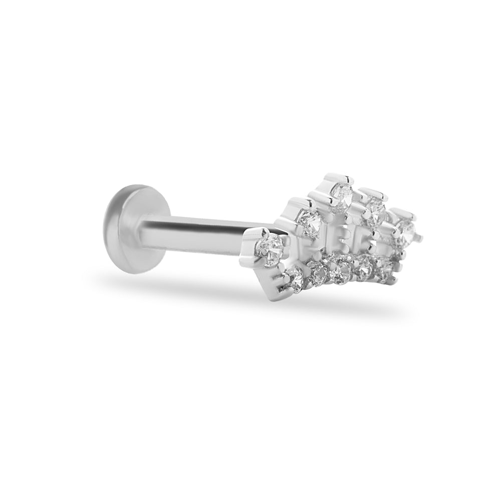 Crown stud piercing earring with clear zircons  - 14K Solid White Gold