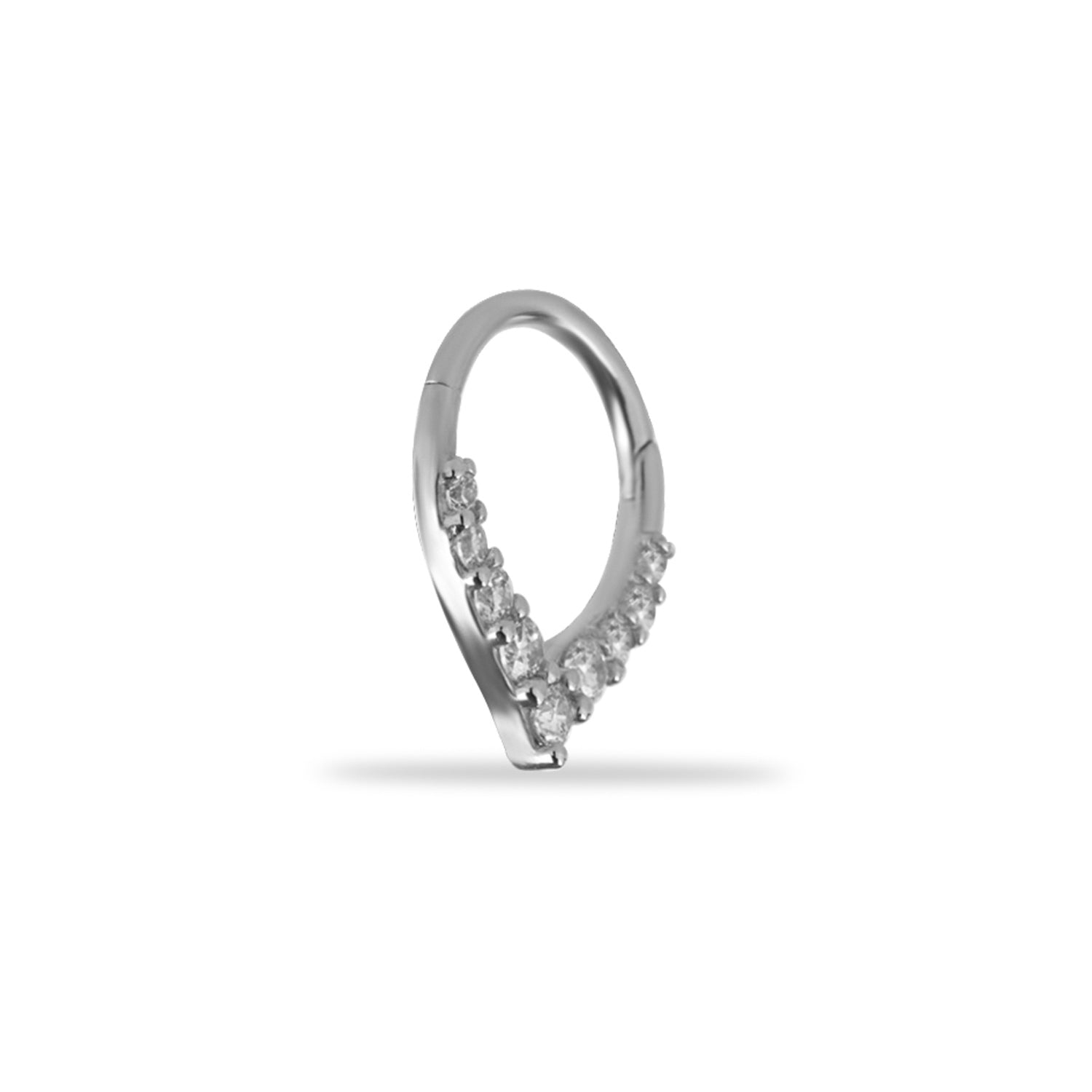 8mm Hoop piercing earring with clear zircons - 14K Solid White Gold