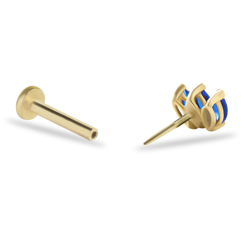 Lotus stud piercing earring with blue zircons - 14K Solid Yellow Gold