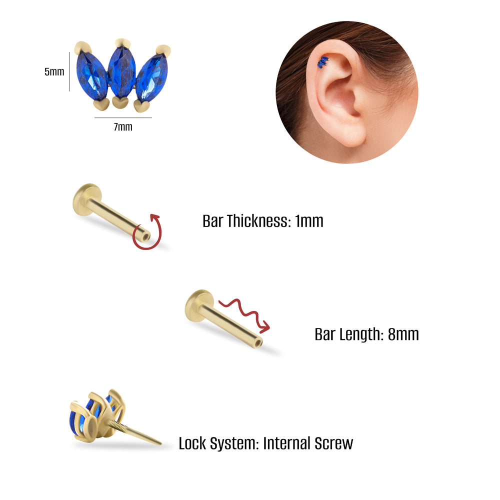 Lotus stud piercing earring with blue zircons - 14K Solid Yellow Gold