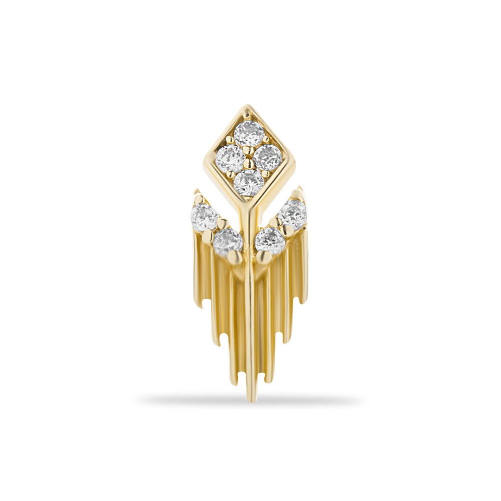 Ethnic stud piercing earring with clear zircons - 14K Solid Yellow Gold