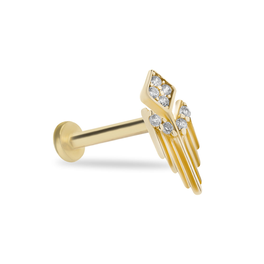 Ethnic stud piercing earring with clear zircons - 14K Solid Yellow Gold