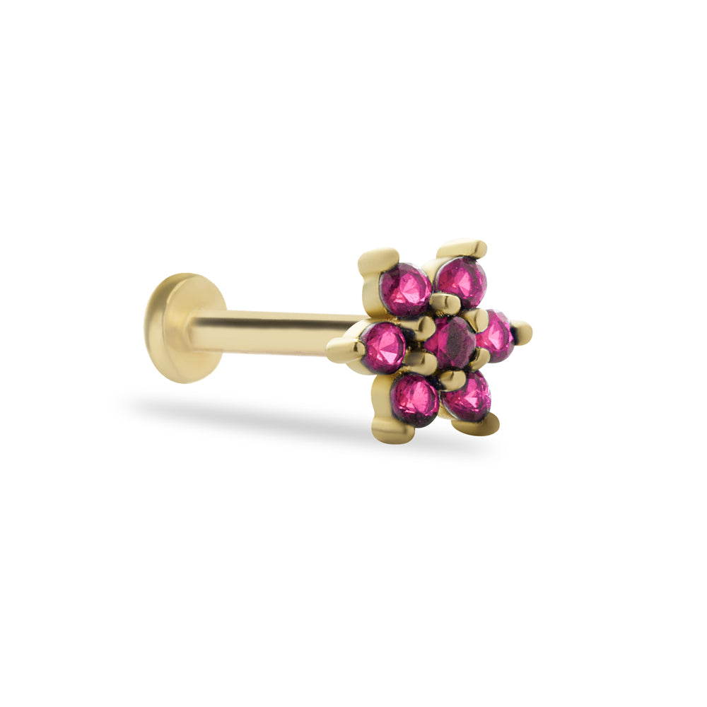 Flower stud piercing earring with red zircons - 14K Solid Yellow Gold