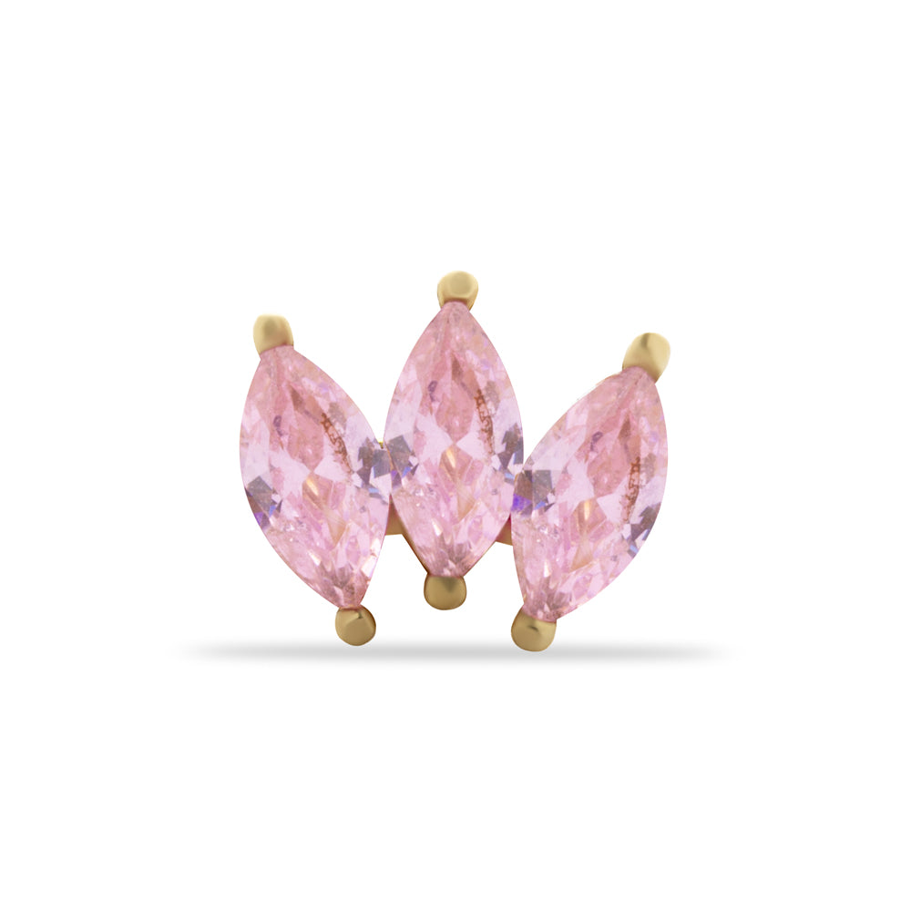 Lotus stud piercing earring with pink zircons - 14K Solid Yellow Gold