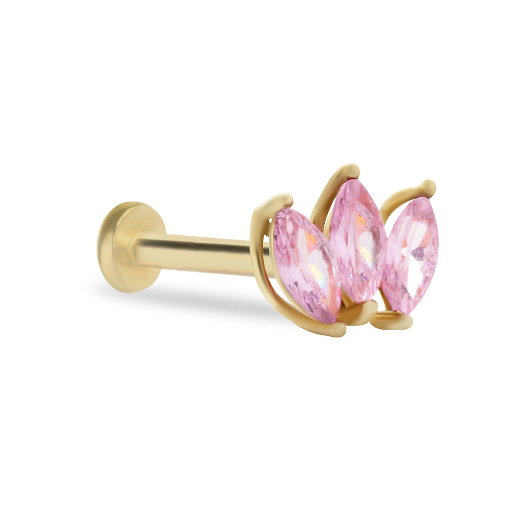 Lotus stud piercing earring with pink zircons - 14K Solid Yellow Gold