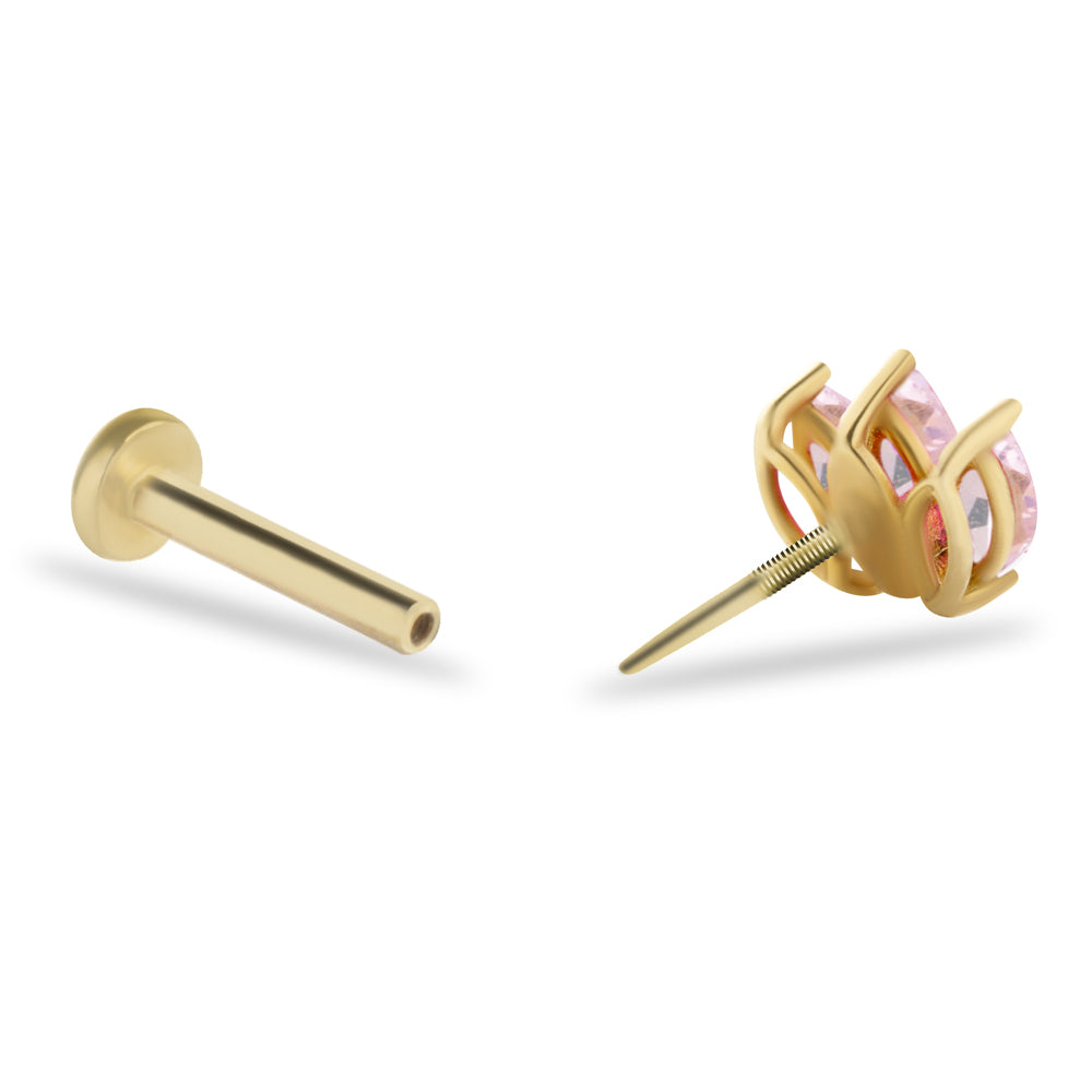 Lotus stud piercing earring with pink zircons - 14K Solid Yellow Gold
