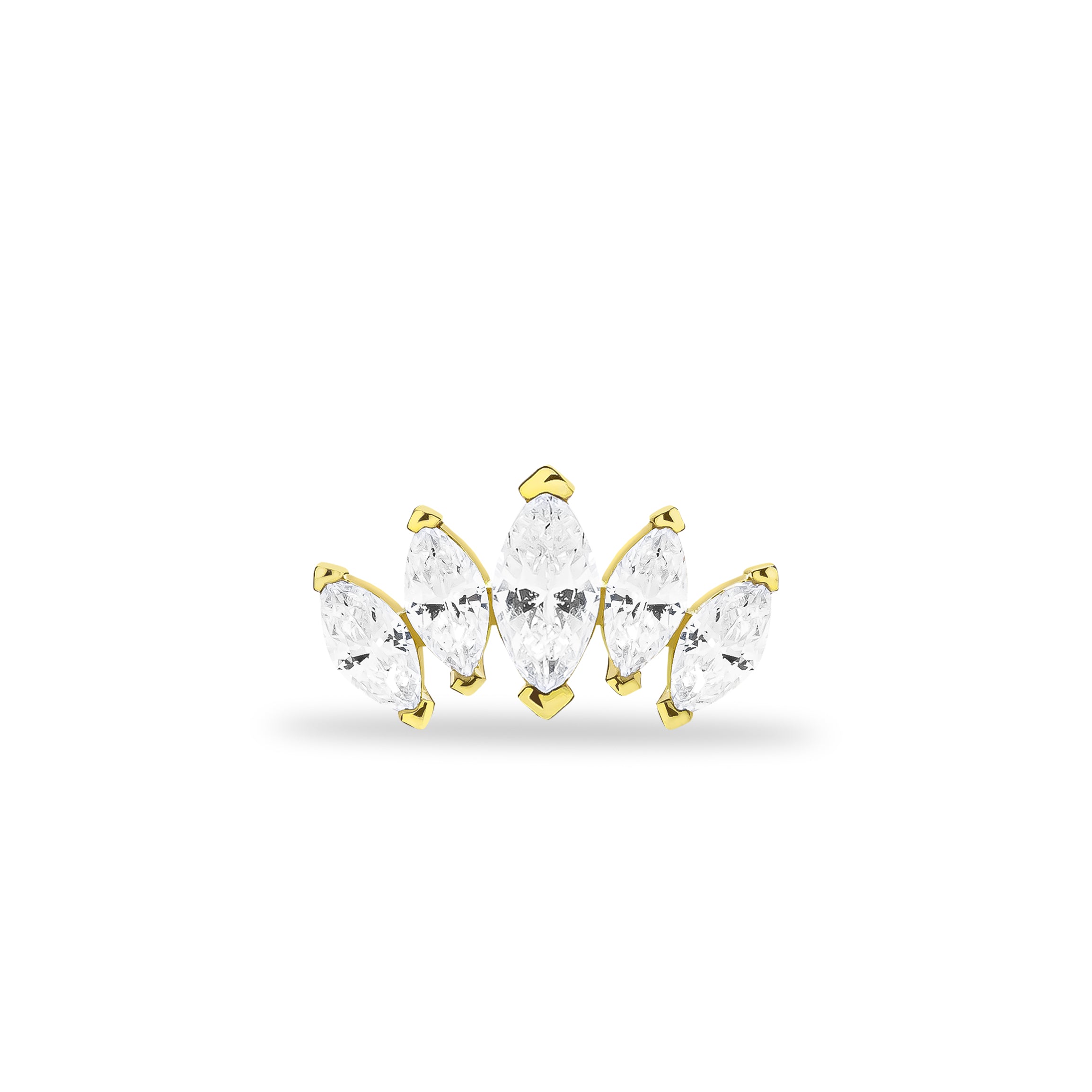 Lotus stud piercing earring with clear zircons - 14K Solid Yellow Gold