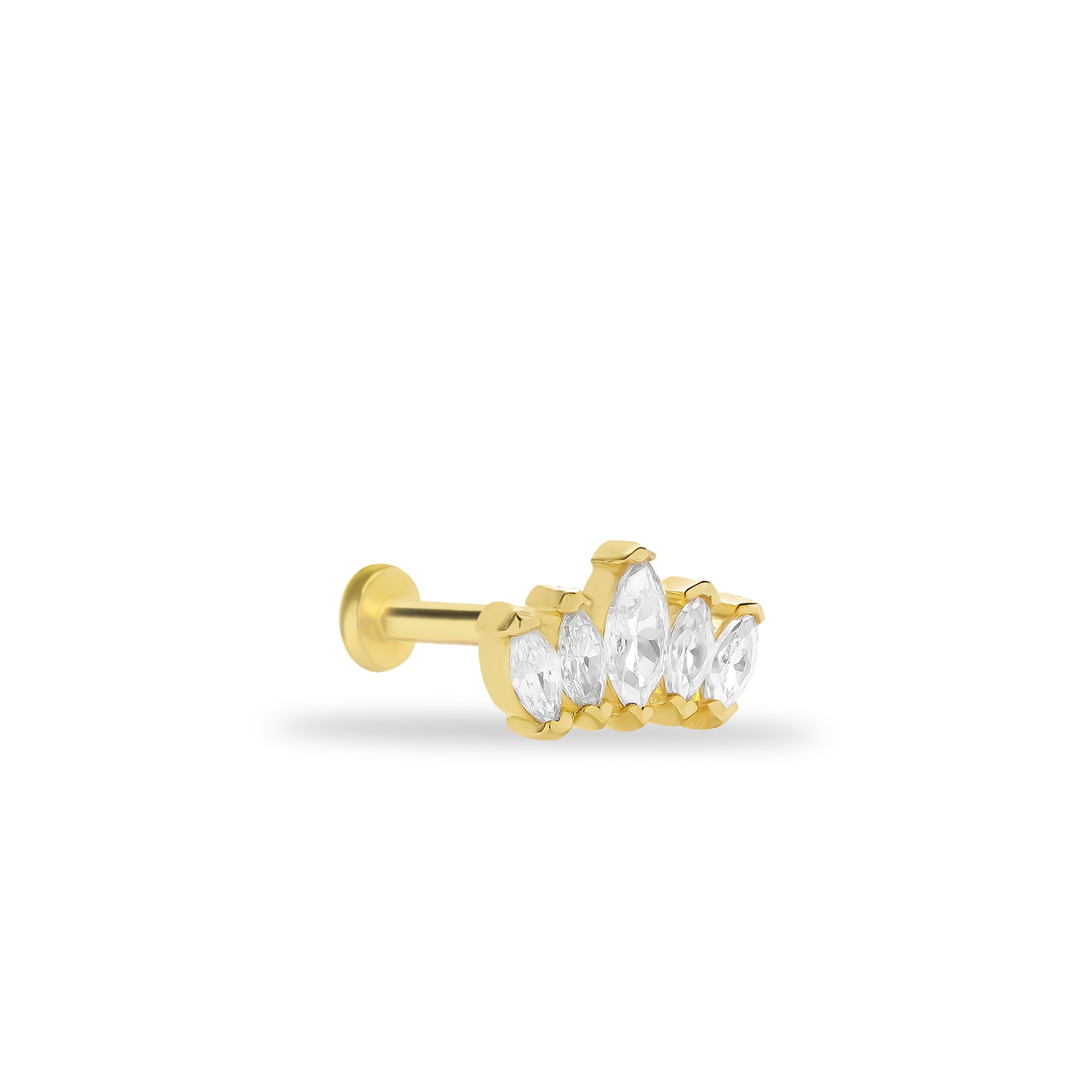 Lotus stud piercing earring with clear zircons - 14K Solid Yellow Gold