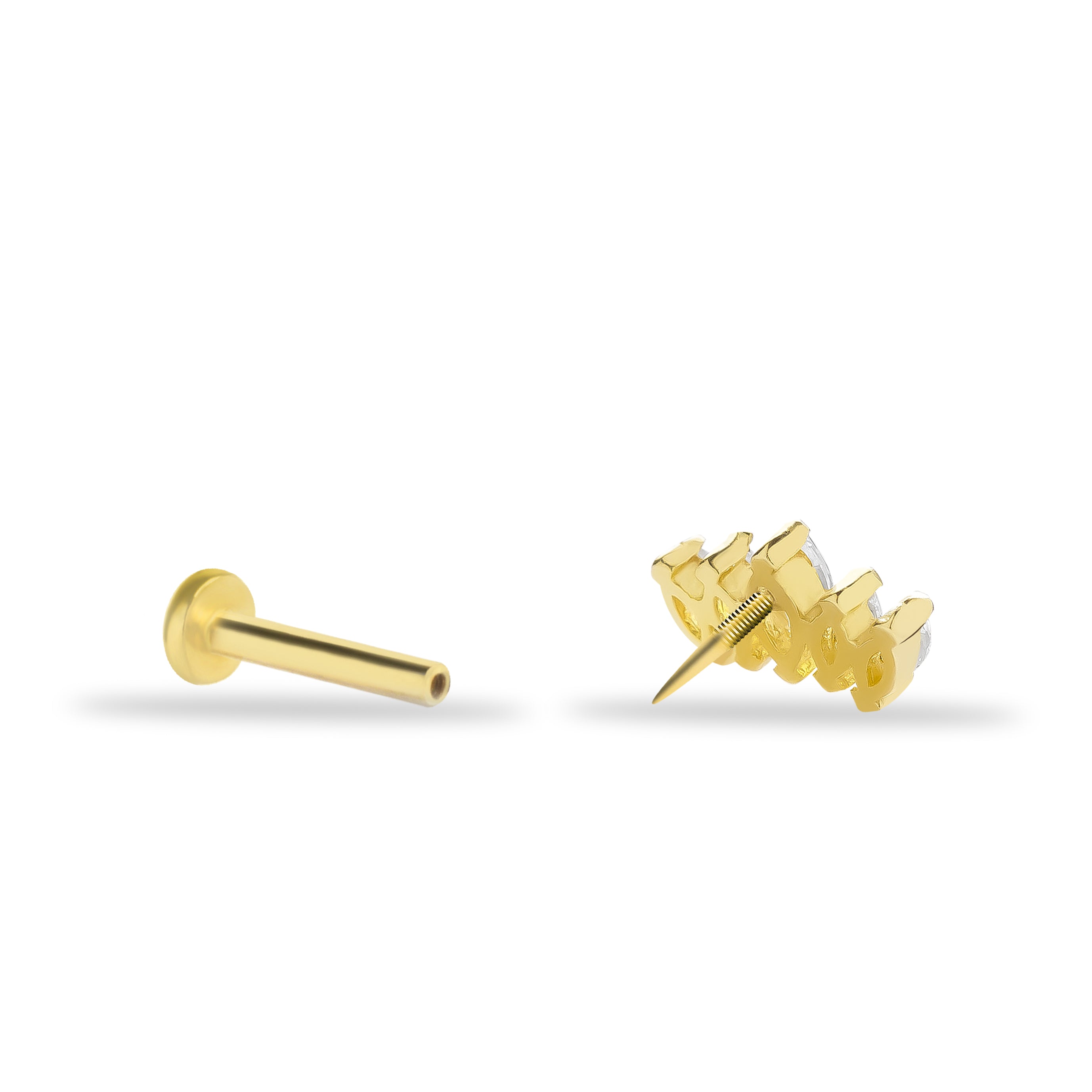 Lotus stud piercing earring with clear zircons - 14K Solid Yellow Gold