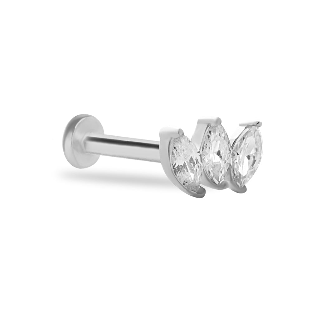 Lotus stud piercing earring with clear zircons - 14K Solid White Gold