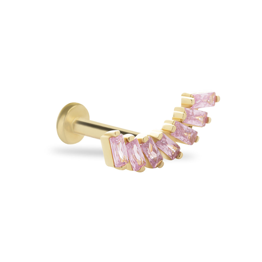 Climber stud piercing earring with pink zircons - 14K Solid Yellow Gold