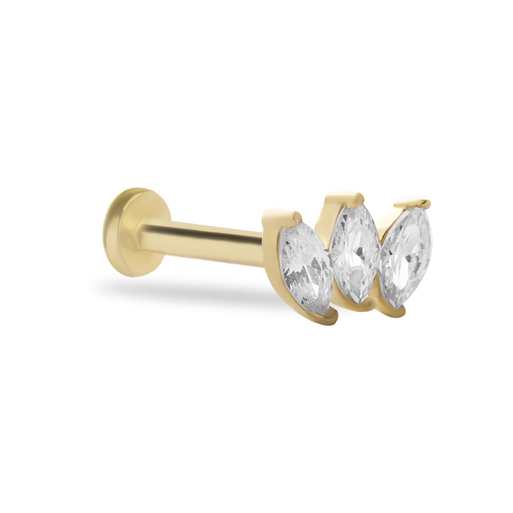 Lotus stud piercing earring with clear zircons - 14K Solid Yellow Gold