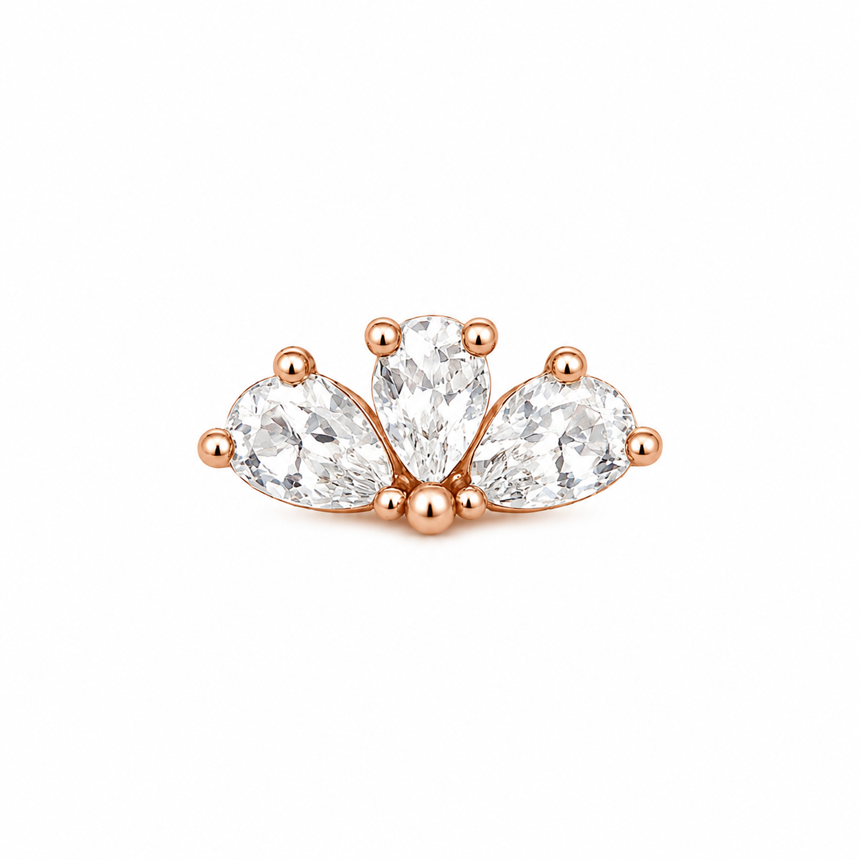Lotus stud piercing earring with clear zircons - 14K Solid Rose Gold