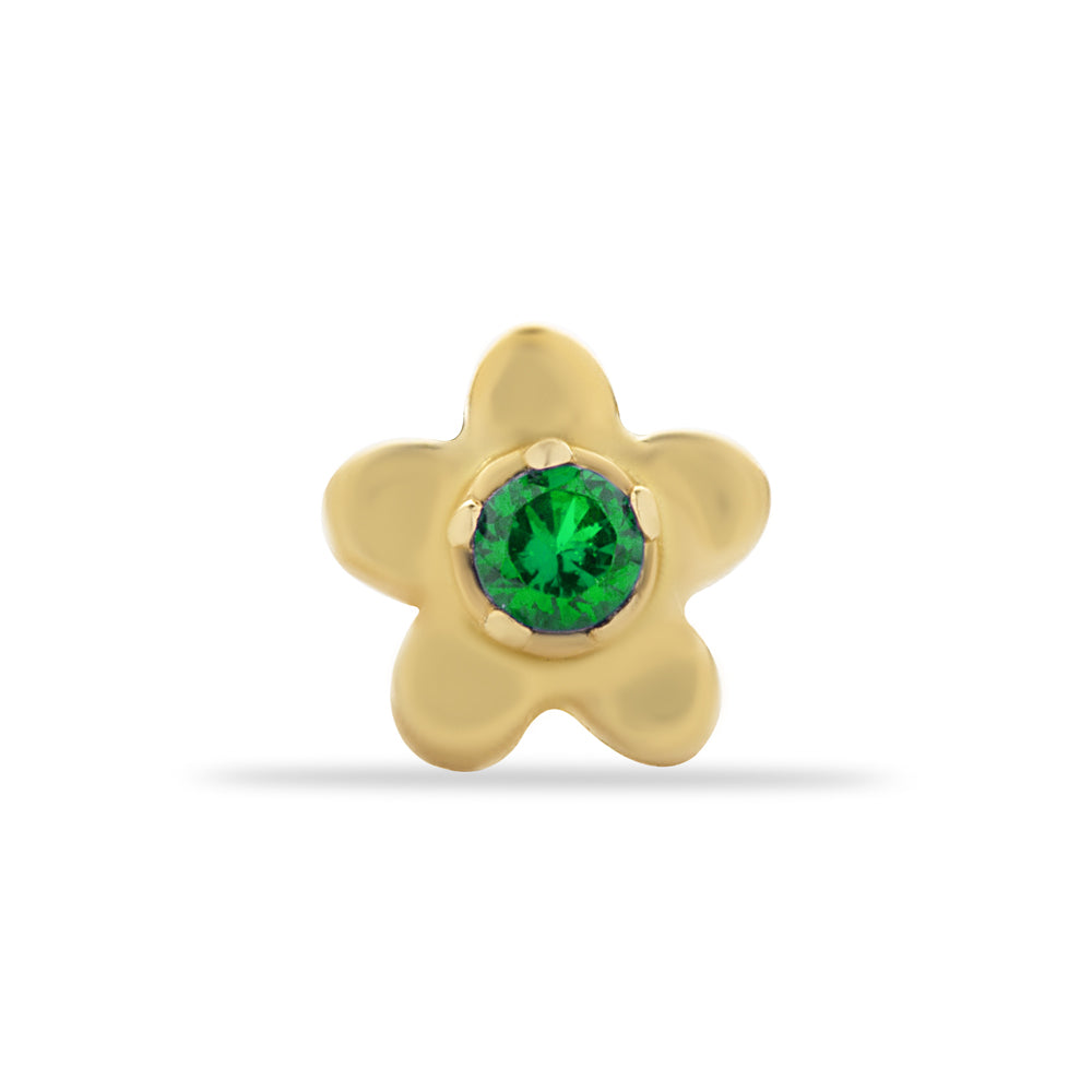 Flower stud piercing earring with green zircon - 14K Solid Yellow Gold