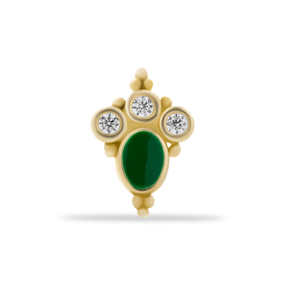 Stud piercing earring with green anamel & clear zircons - 14K Solid Yellow Gold