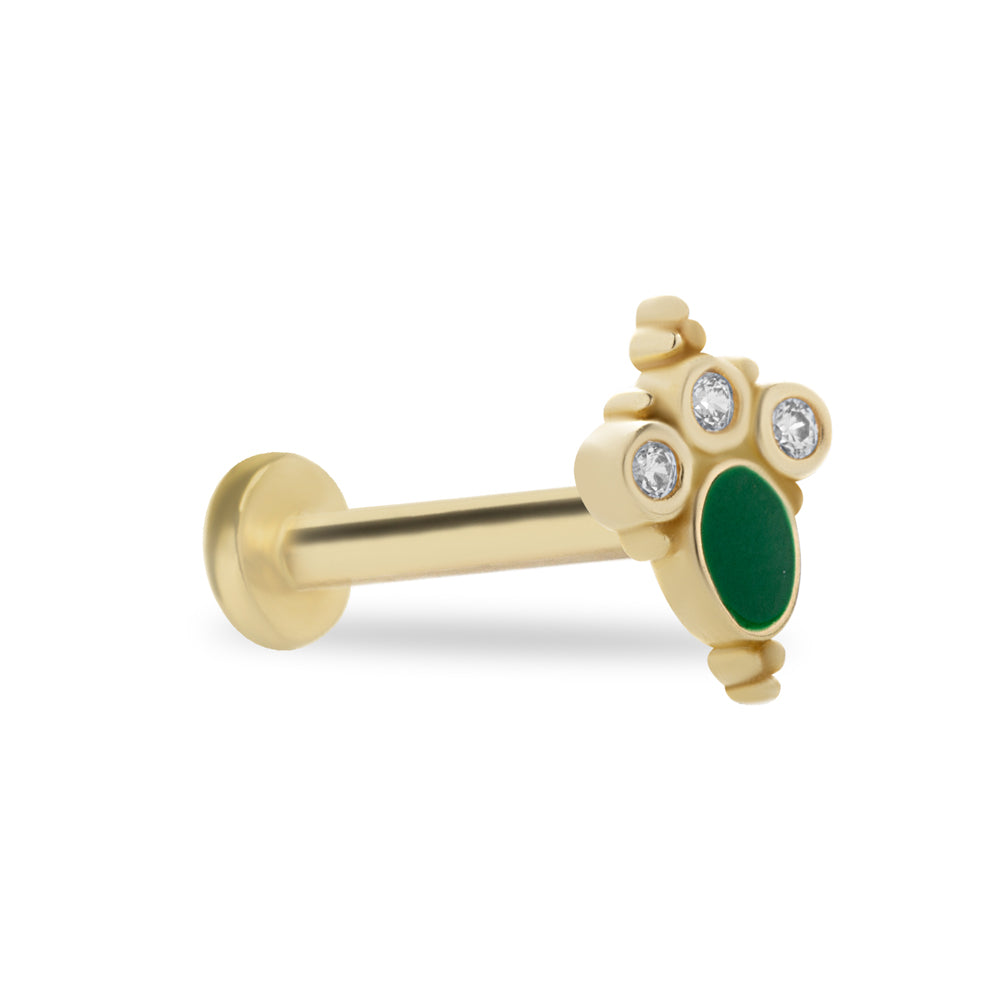 Stud piercing earring with green anamel & clear zircons - 14K Solid Yellow Gold