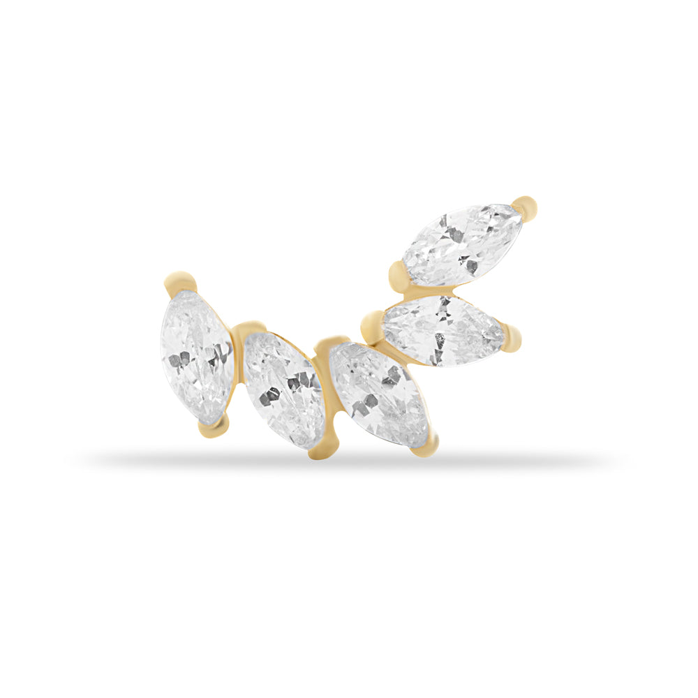 Climber stud piercing earring with clear zircons - 14K Solid Yellow Gold