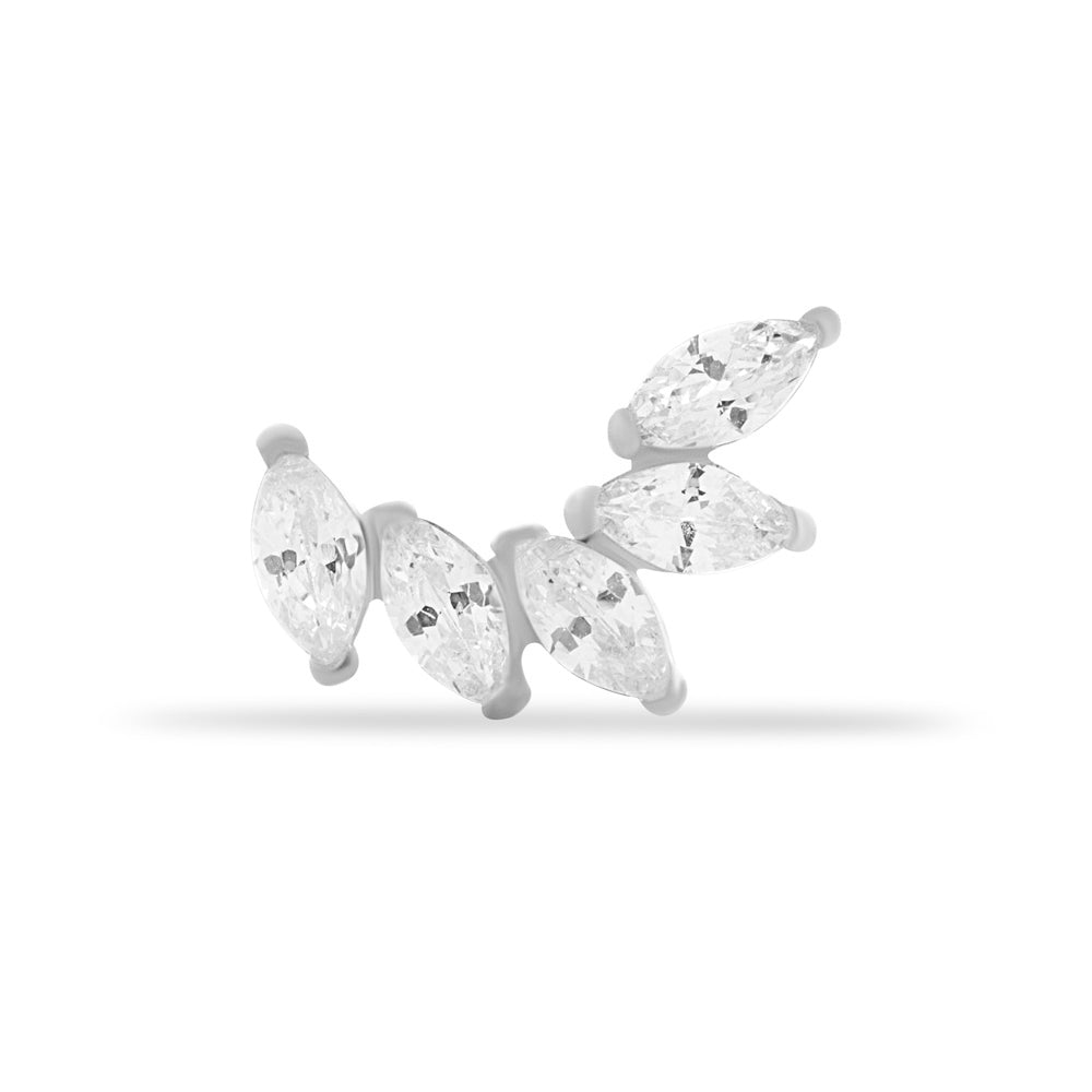 Lotus stud piercing earring with clear zircons - 14K Solid White Gold