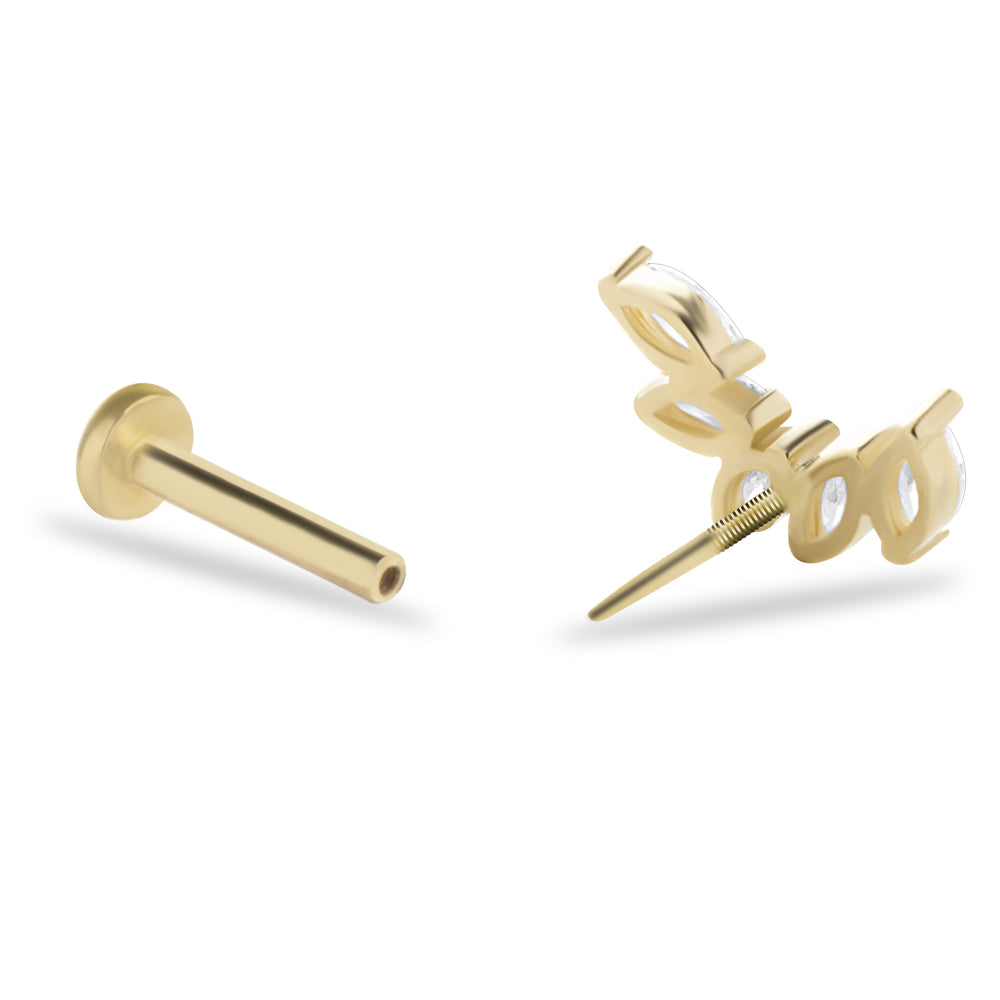 Climber stud piercing earring with clear zircons - 14K Solid Yellow Gold