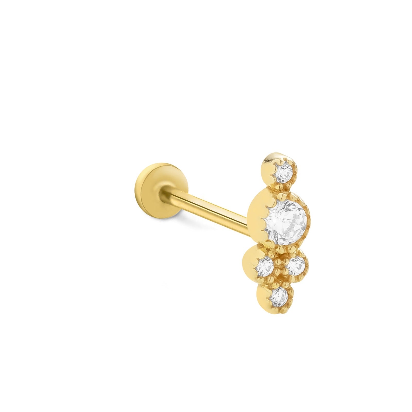 Stud piercing earring with clear zircons - 14K Solid Yellow Gold