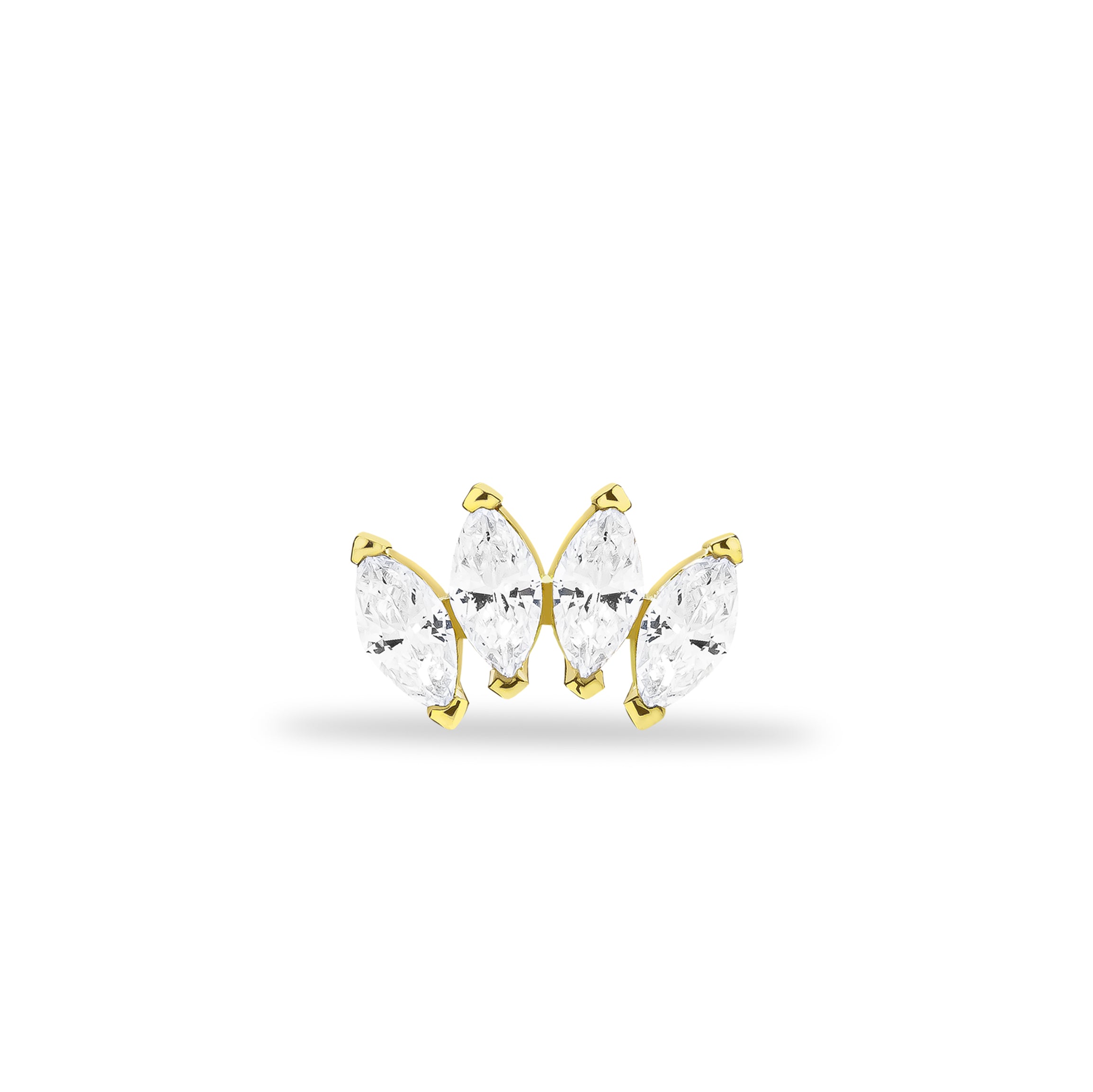 Lotus stud piercing earring with clear zircon - 14K Solid Yellow Gold