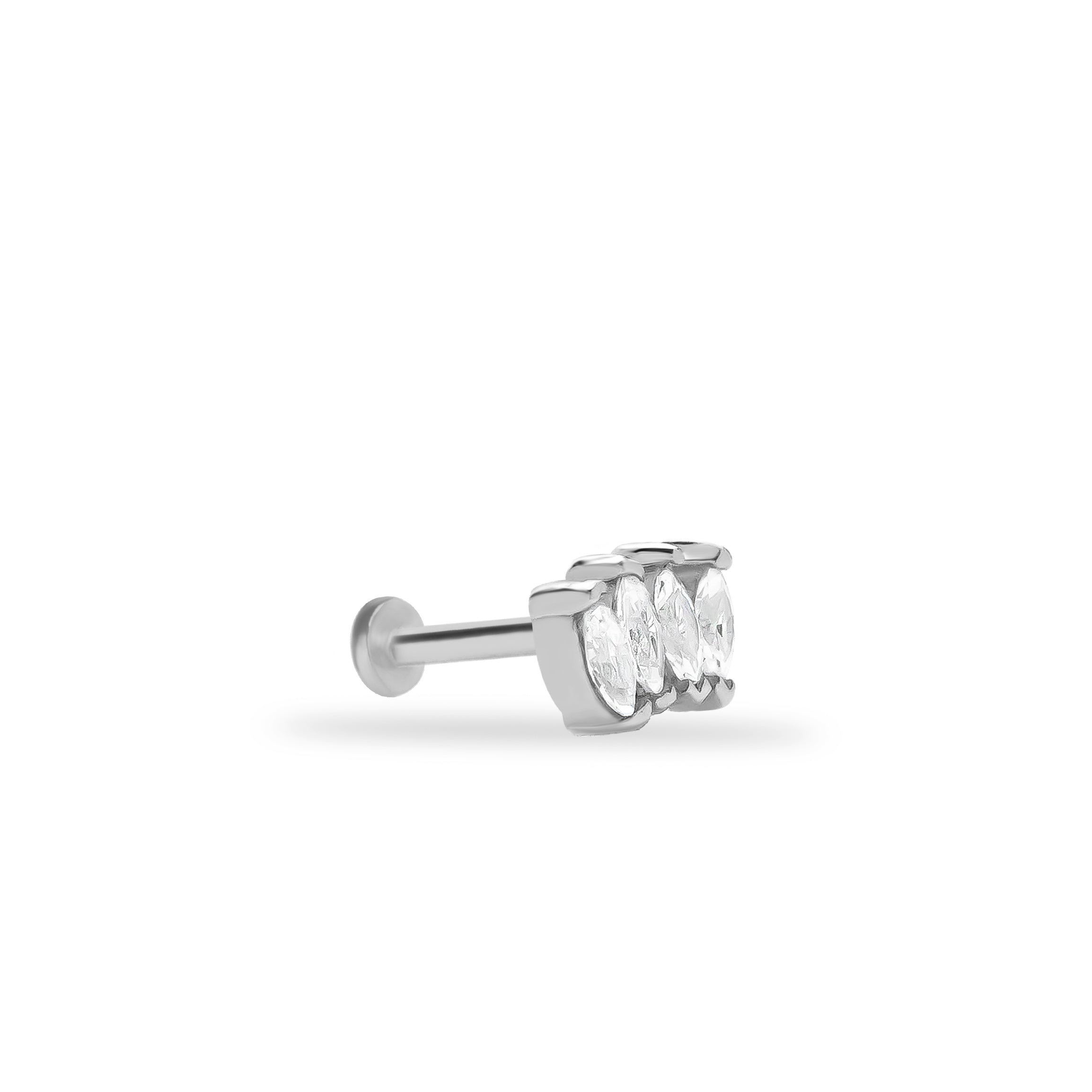 Lotus stud piercing earring with clear zircons - 14K Solid White Gold