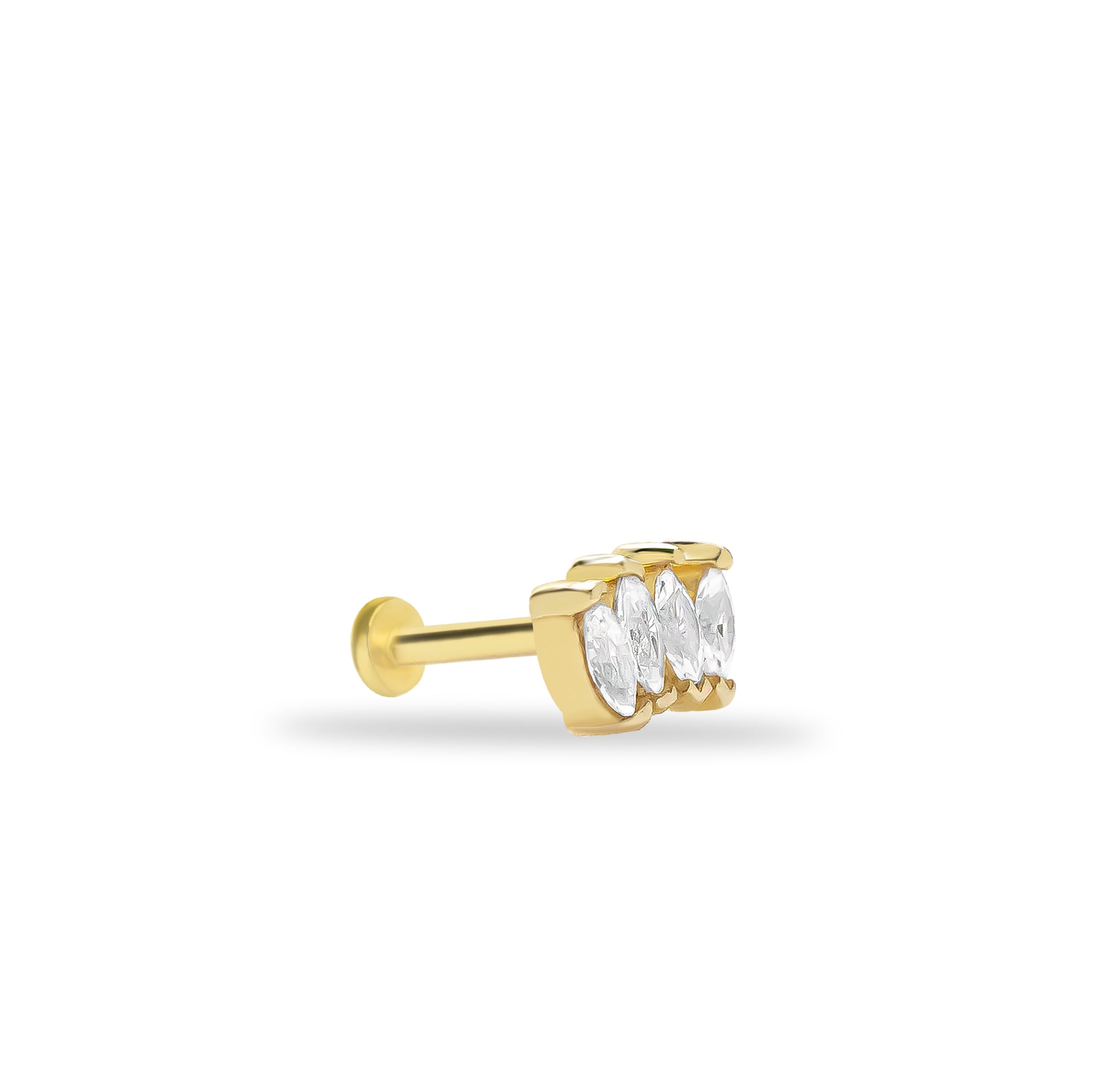 Lotus stud piercing earring with clear zircon - 14K Solid Yellow Gold
