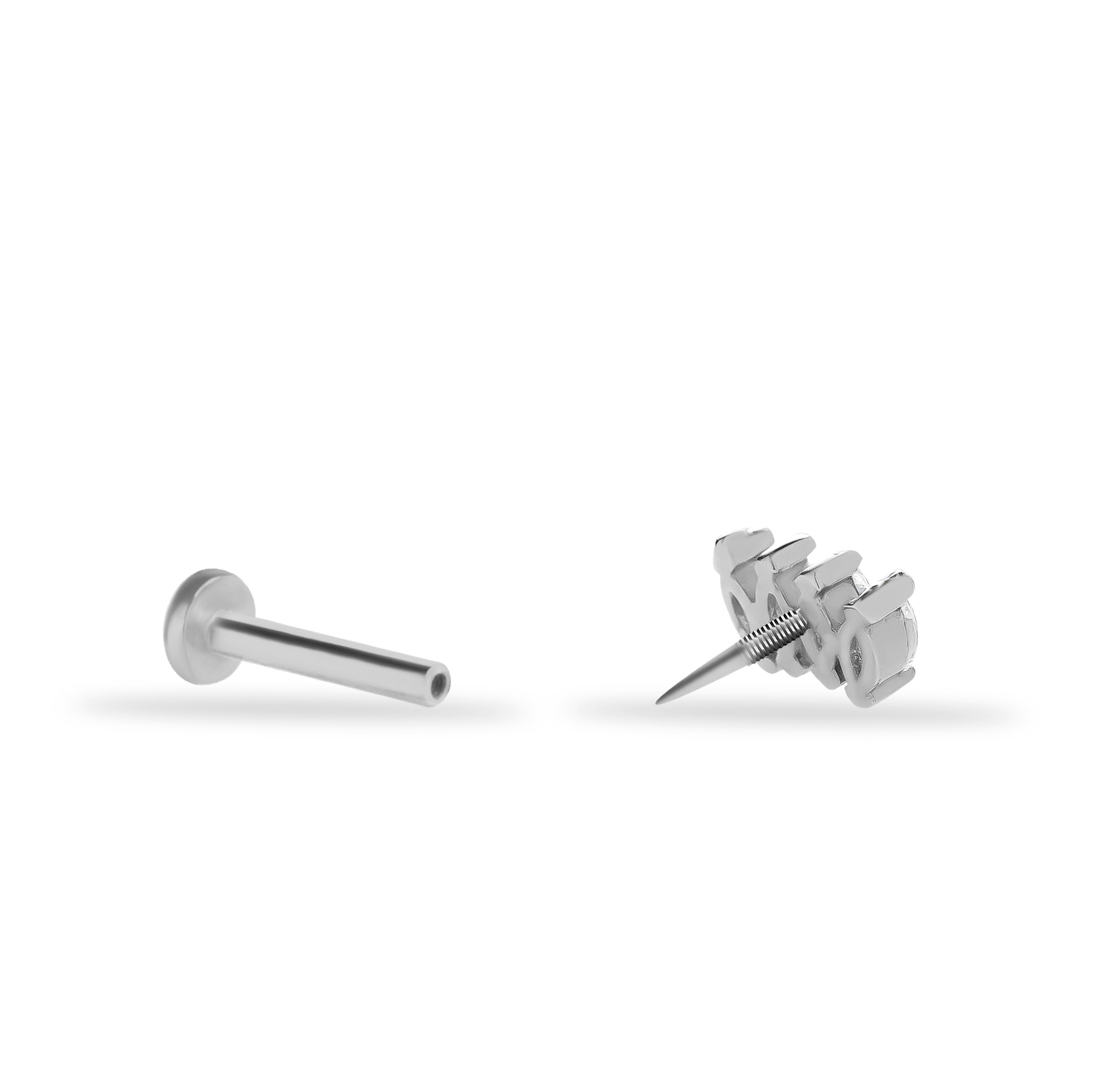 Lotus stud piercing earring with clear zircons - 14K Solid White Gold