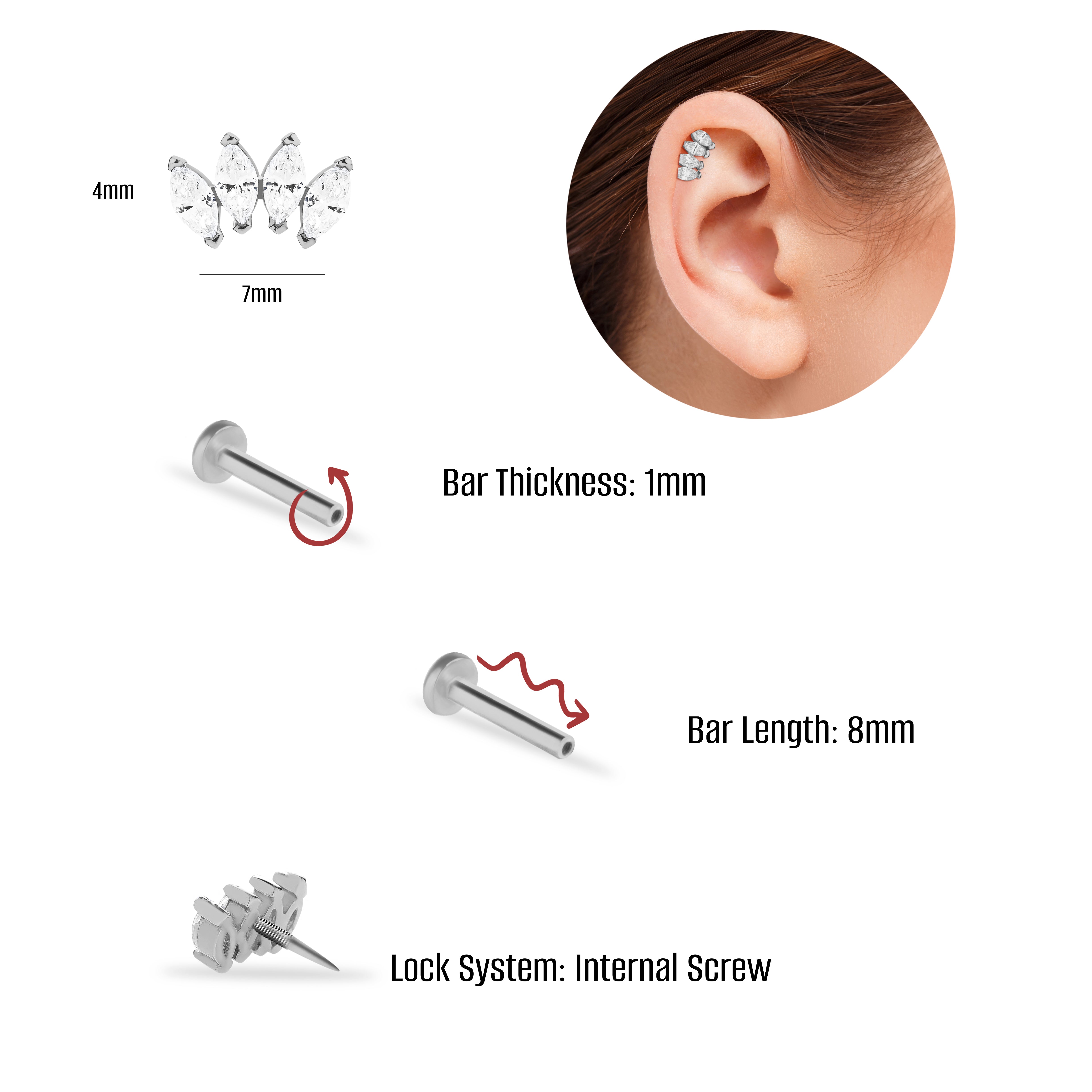 Lotus stud piercing earring with clear zircons - 14K Solid White Gold
