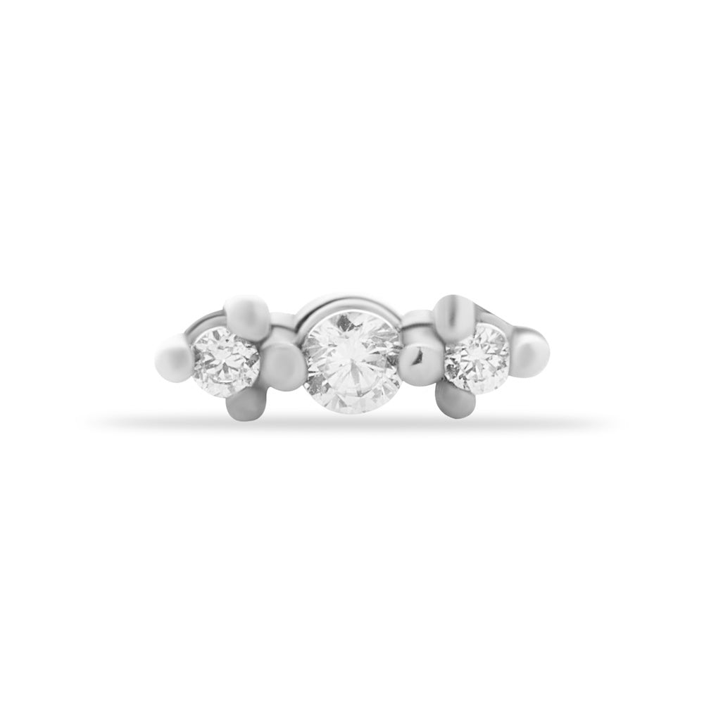 Stud piercing earring with clear zircons - 14K Solid White Gold