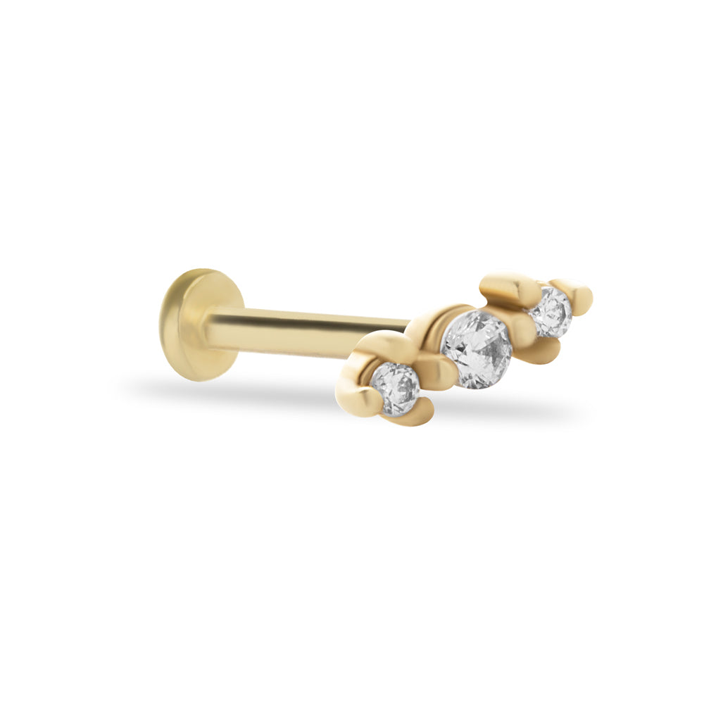 Stud piercing earring with clear zircons - 14K Solid Yellow Gold