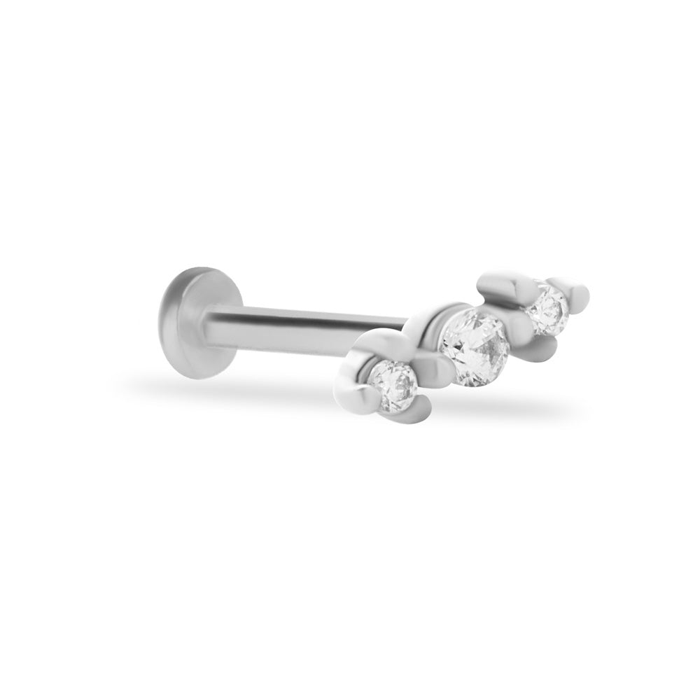 Stud piercing earring with clear zircons - 14K Solid White Gold