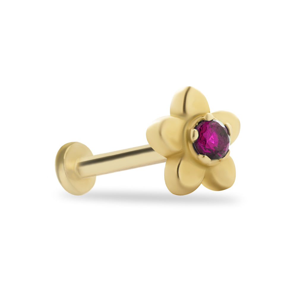 Flower stud piercing earring with red zircons - 14K Solid Yellow Gold