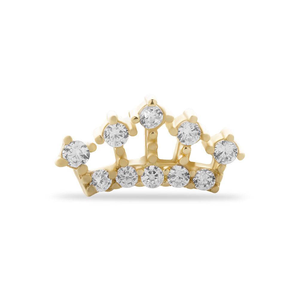 Crown stud piercing earring with clear zircons - 14K Solid Yellow Gold