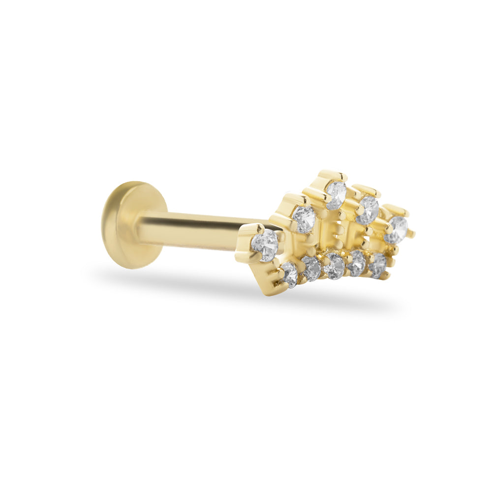 Crown stud piercing earring with clear zircons - 14K Solid Yellow Gold