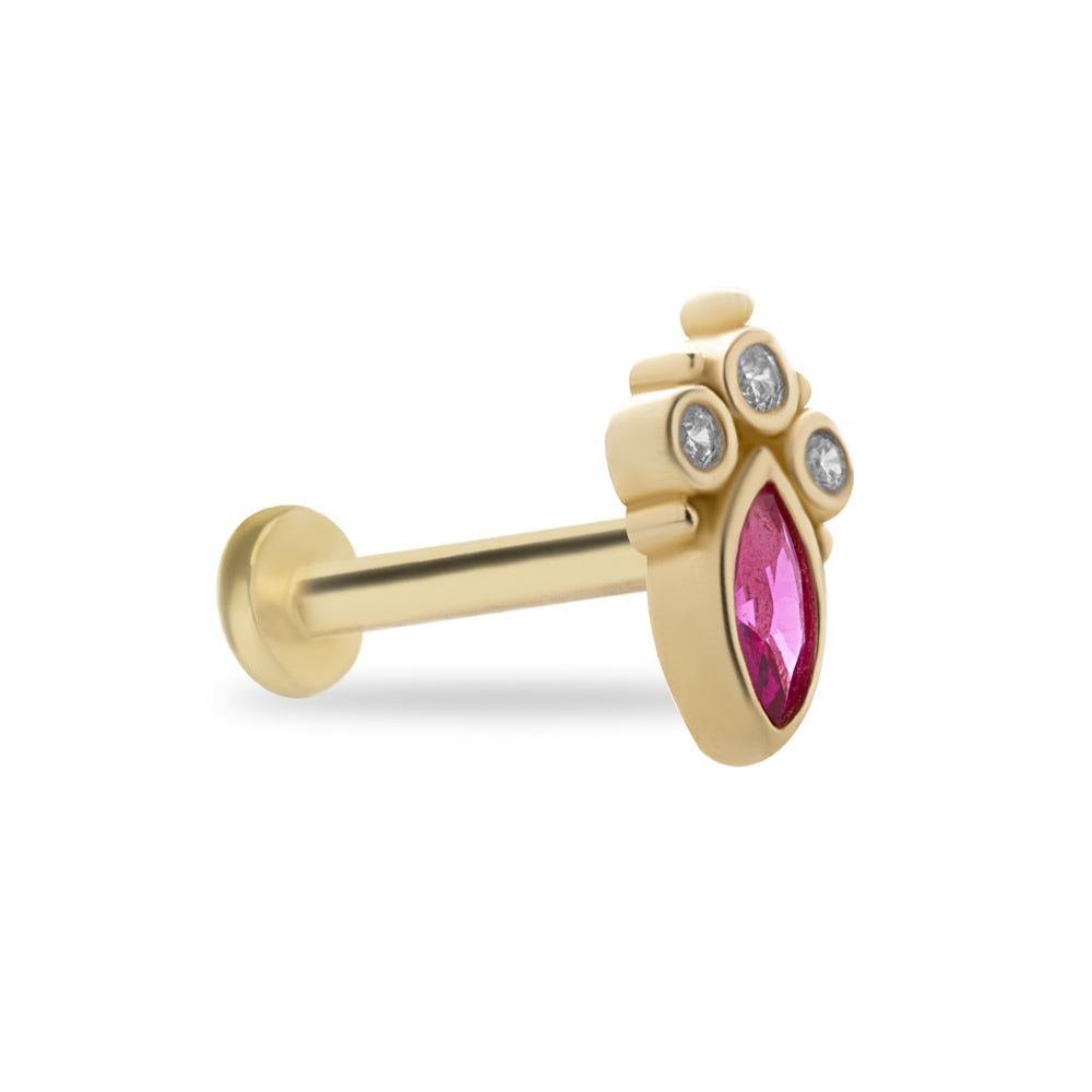 Stud piercing earring with red marquis & clear zircons - 14K Solid Yellow Gold