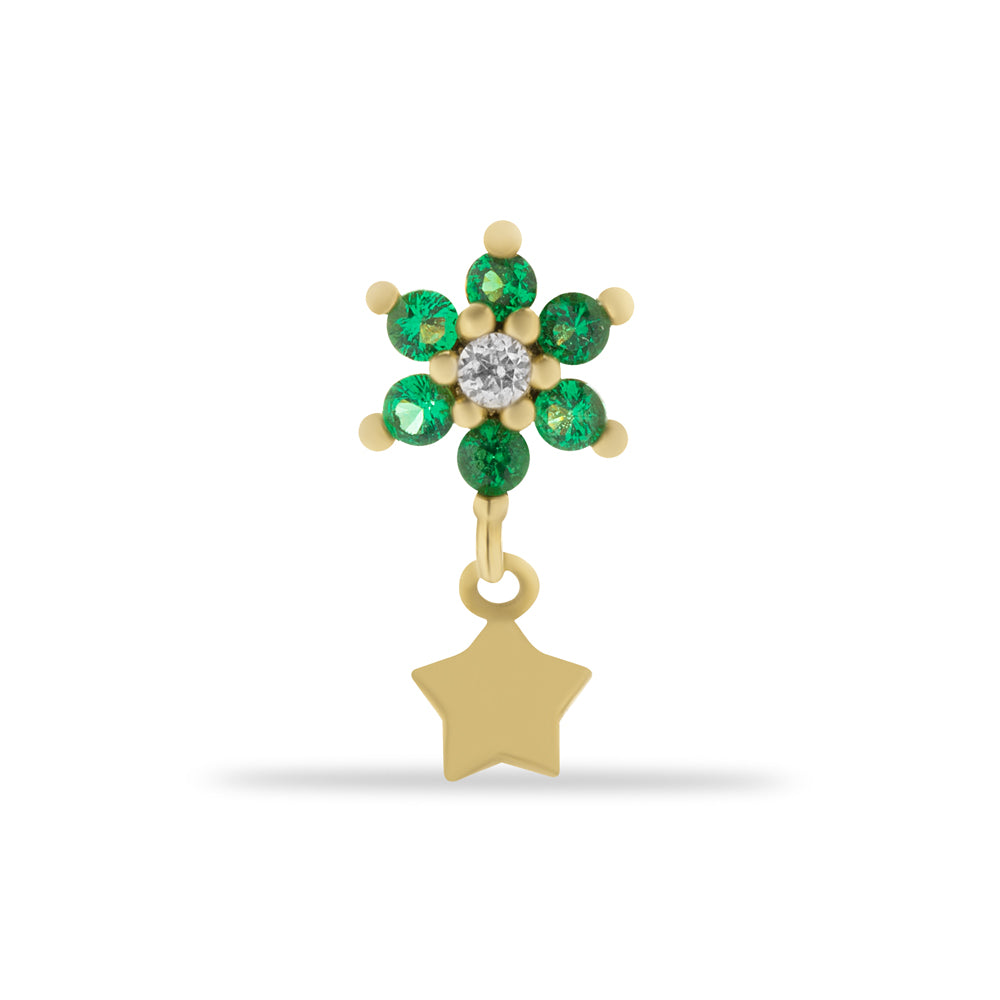 Flower stud piercing earring with smll star pendant & green zircons - 14K Solid Yellow Gold