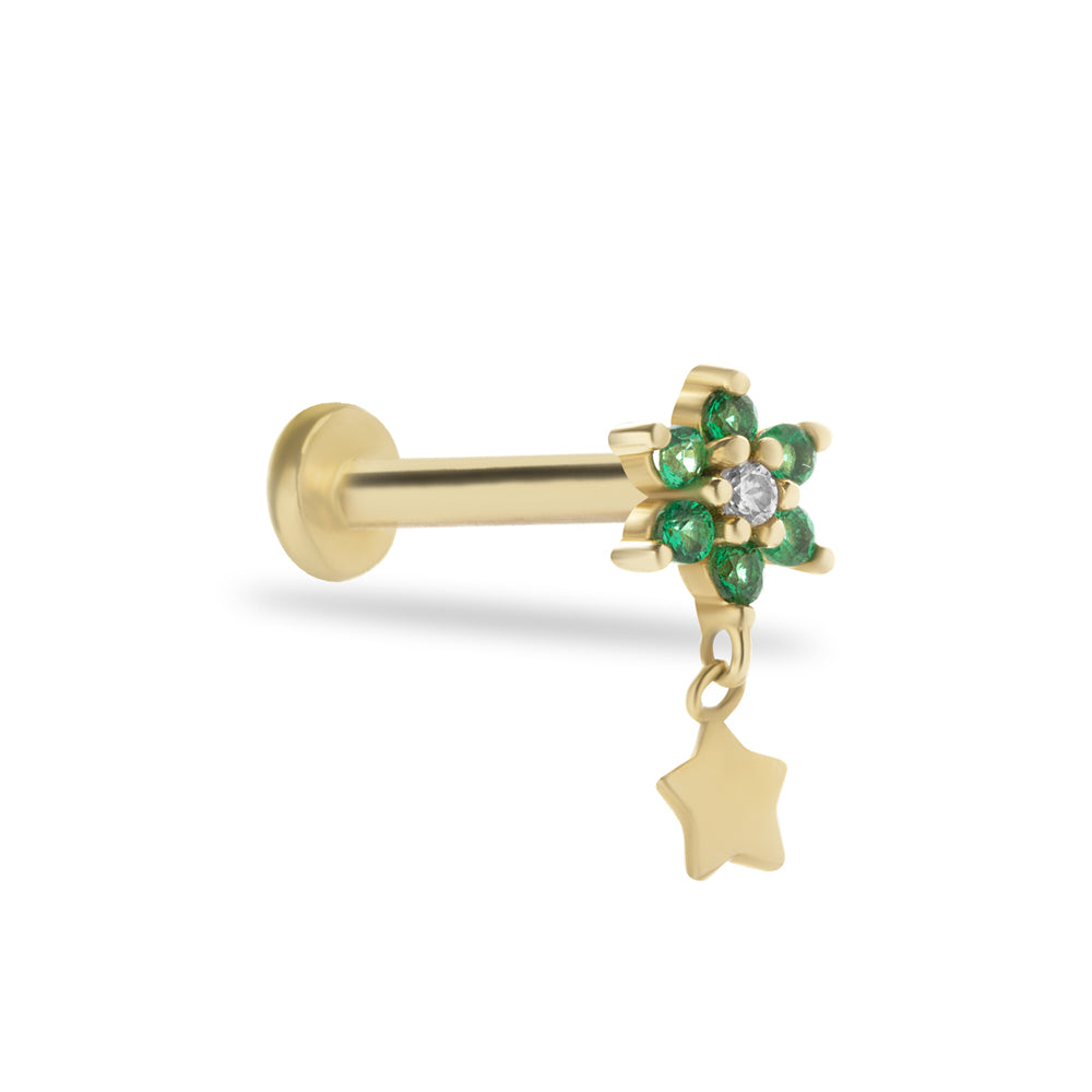 Flower stud piercing earring with smll star pendant & green zircons - 14K Solid Yellow Gold