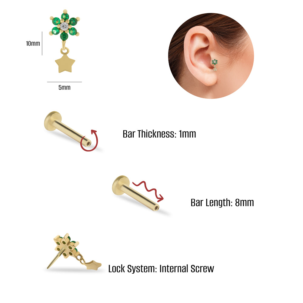 Flower stud piercing earring with smll star pendant & green zircons - 14K Solid Yellow Gold
