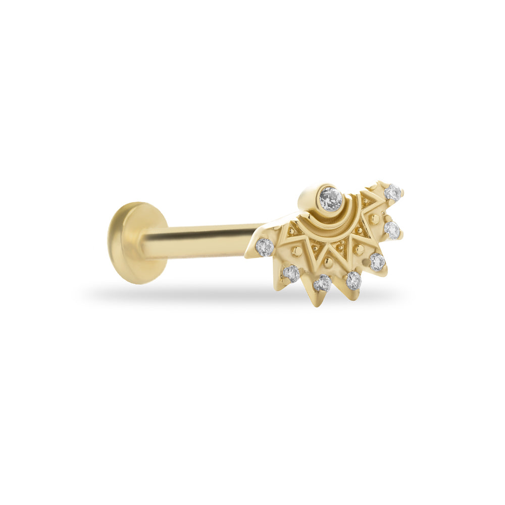 A fan stud piercing earring with clear zircons - 14K Solid Yellow Gold